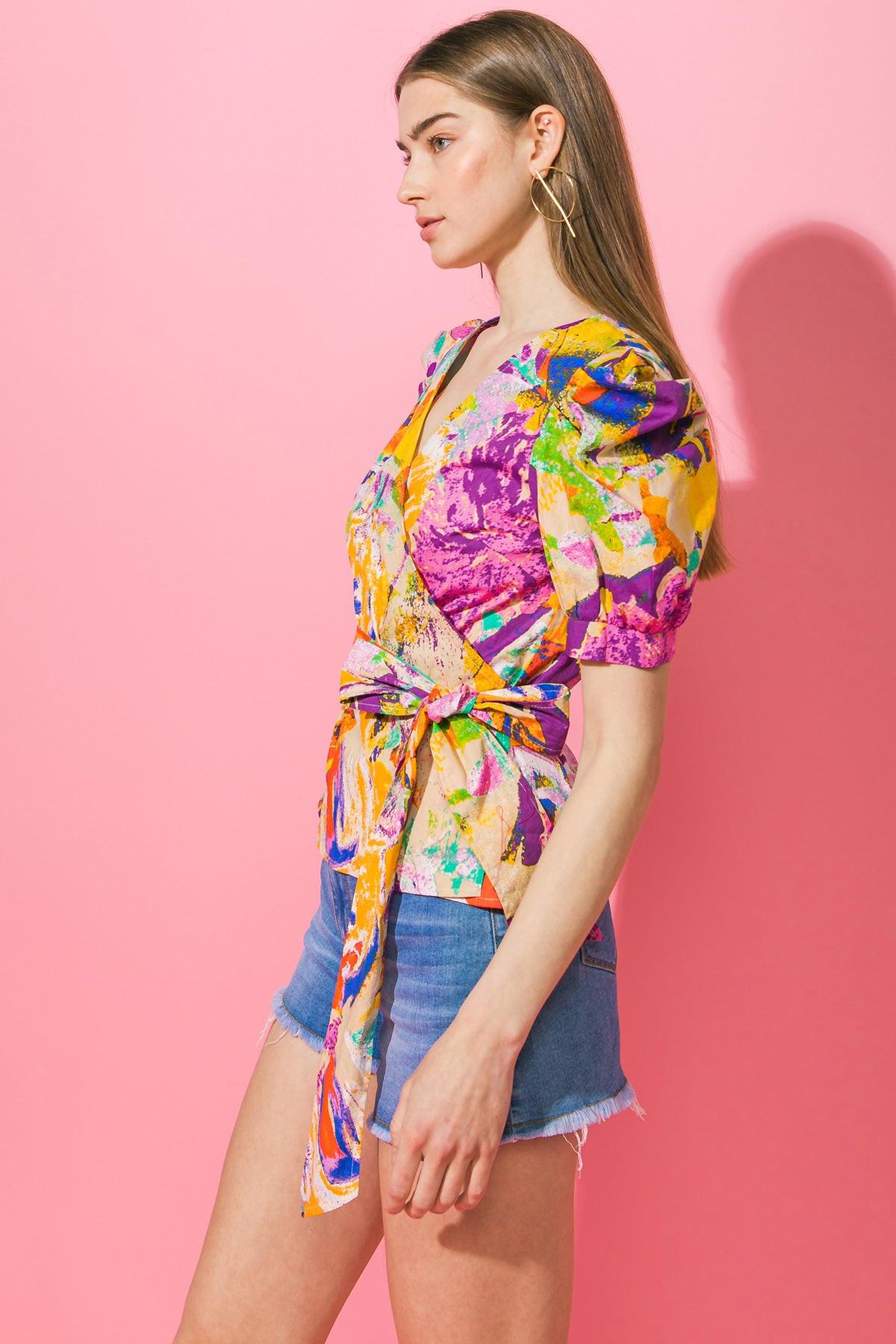 Nothing To Lose Poplin Wrap Top With Puff Sleeves And Peplum