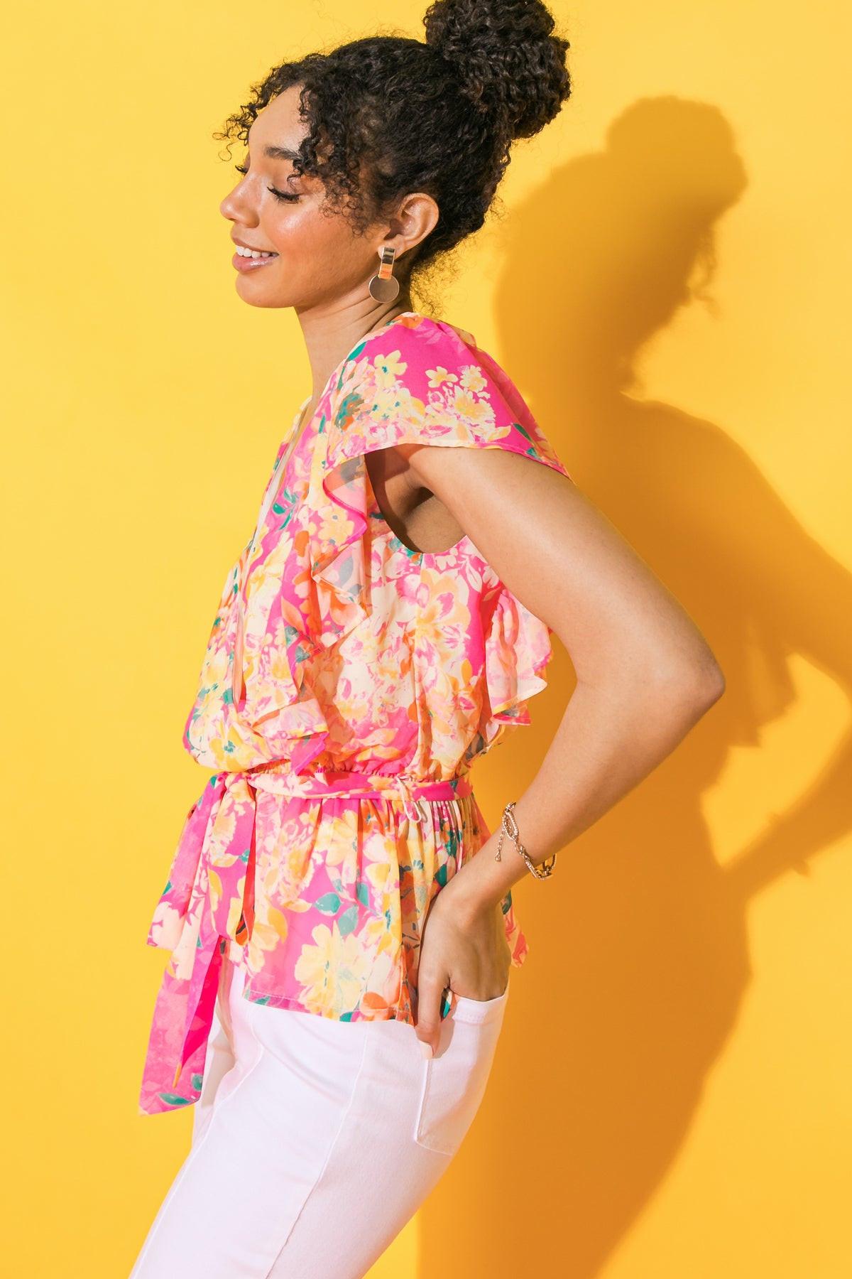 Faded View Woven Top With Surplice Neckline And Peplum Flare