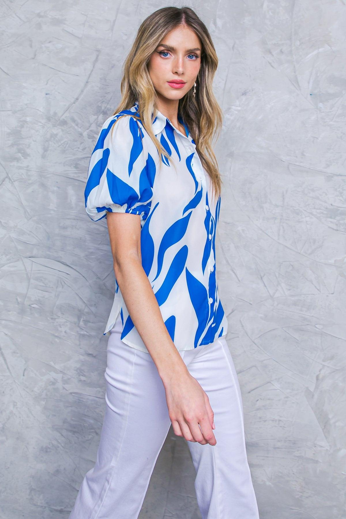 Major Crush Woven Top With Printed Design Shirt Collar And Short Puff Sleeves