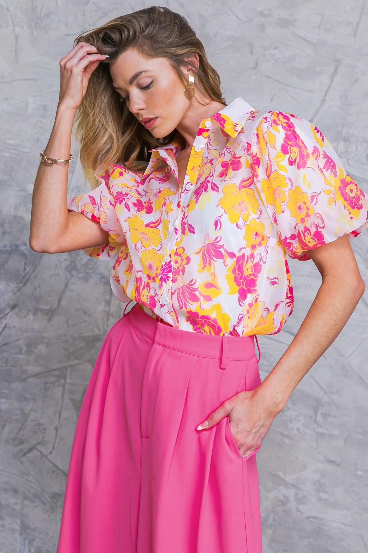 Effortless Outlook Woven Top With Shirt Collar Puff Sleeves Print Cami Included