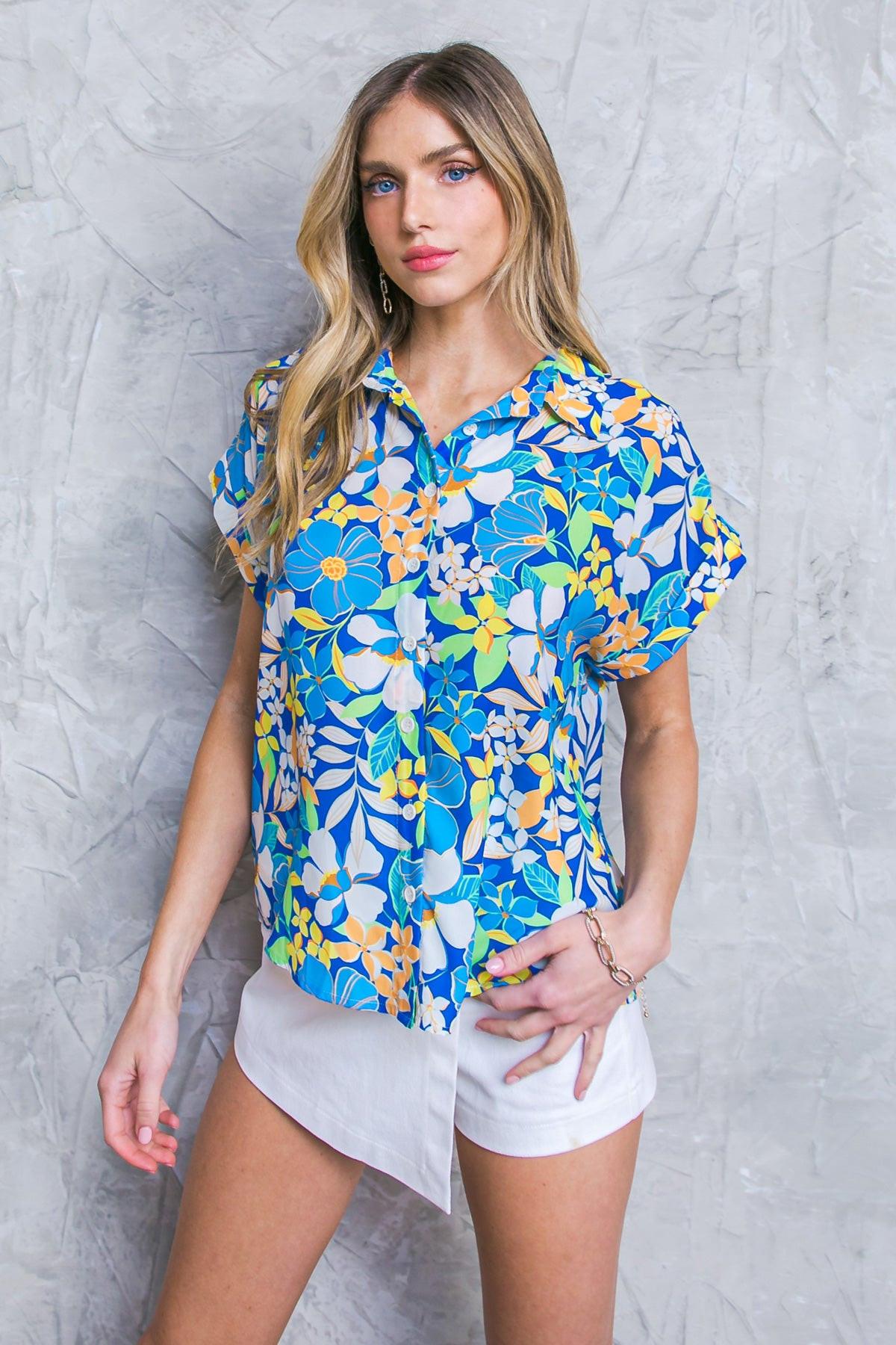 Cruising Through Woven Top Print Lightweight Button Down Shirt
