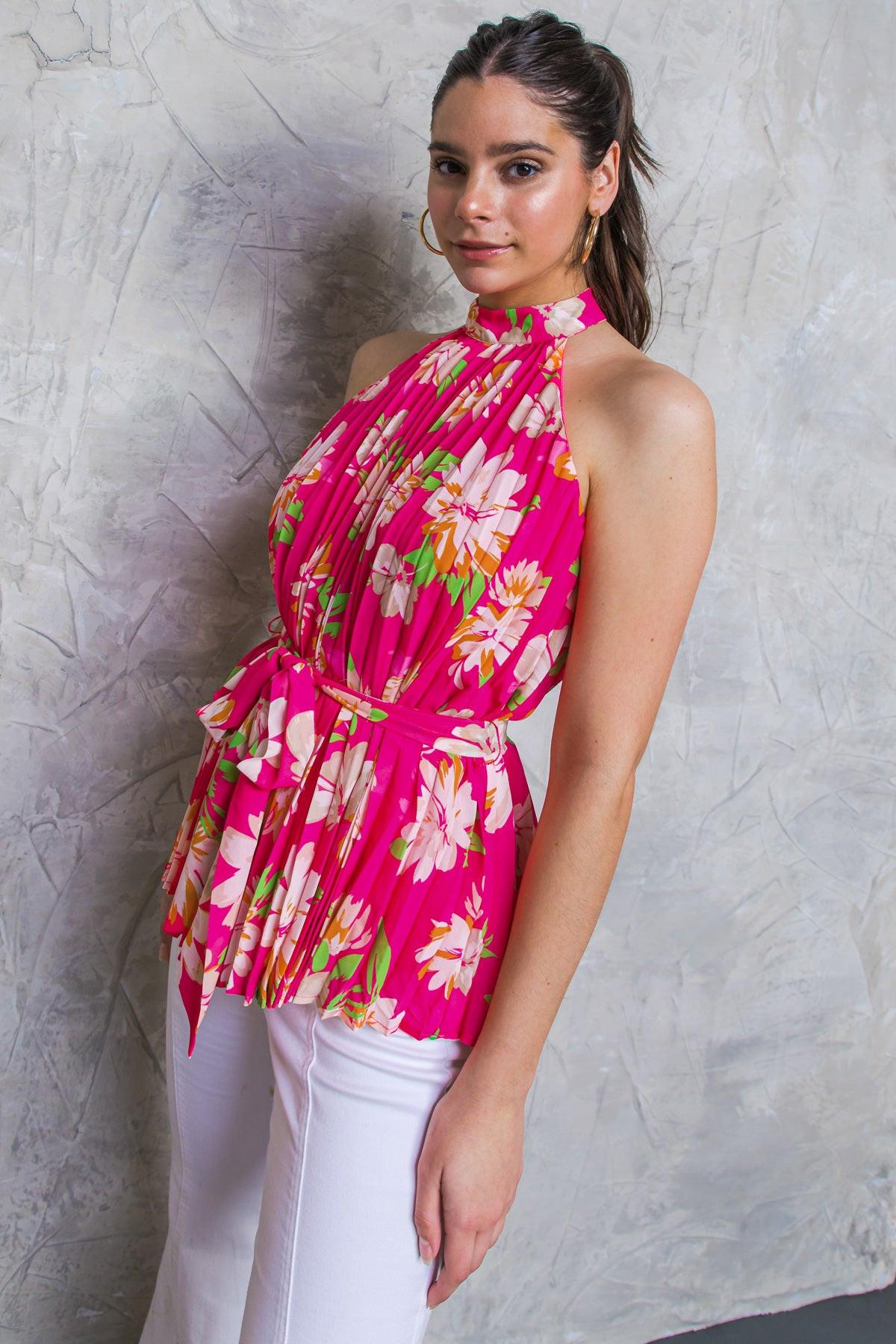 Closer To You Printed Woven Top Halter Neck With Self Tie Pleated