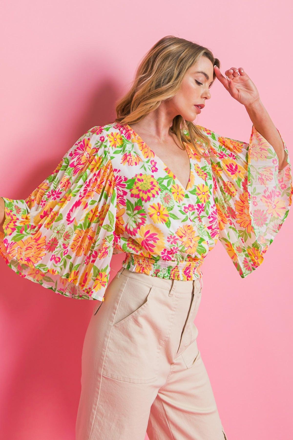 Fairy Vita Woven Top Surplice Neckline Pleated Bell Sleeves Smocked Waist Print
