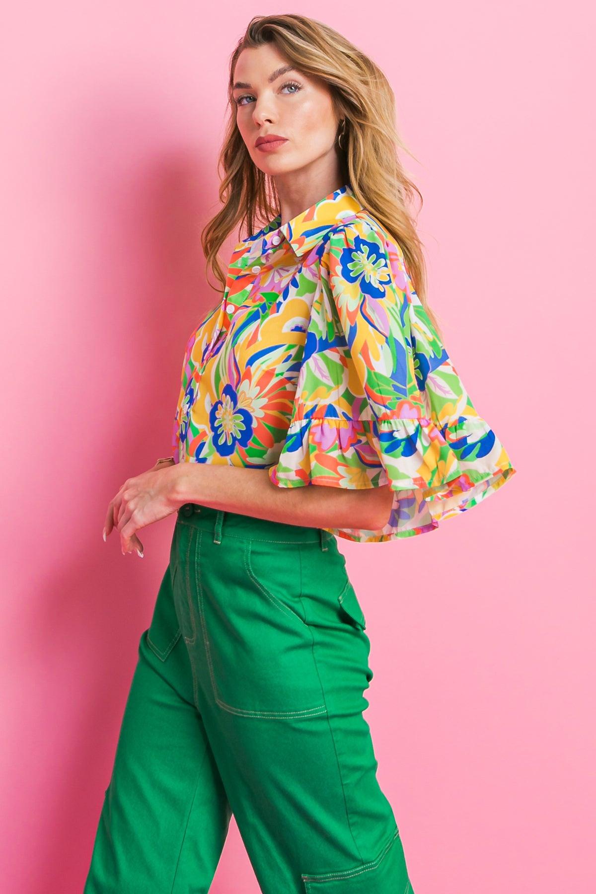 Ready to Get Away Woven Top with Short Sleeves and Ruffle Hem Polyester
