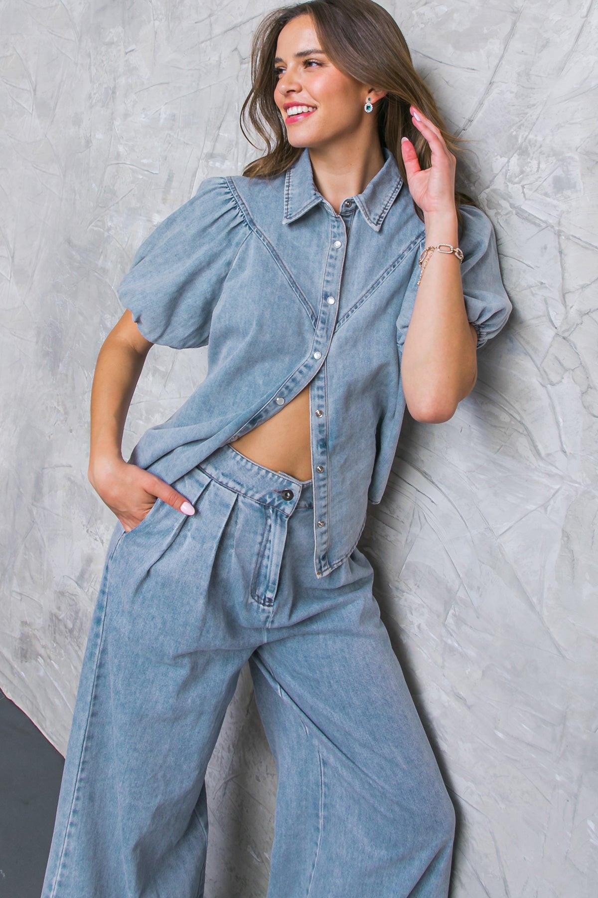 Always A Mood Denim Acid Wash Puff Sleeve Top With Shirt Collar
