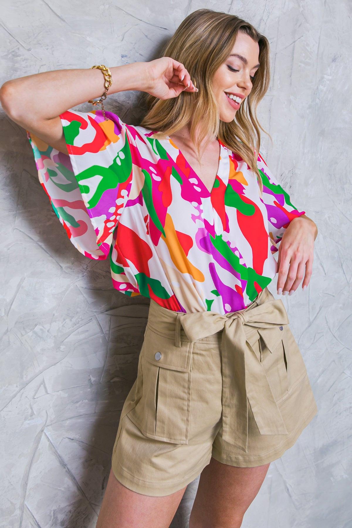 Stylish Summer Woven Top Round Neck With V Front Flutter Sleeves Polyester