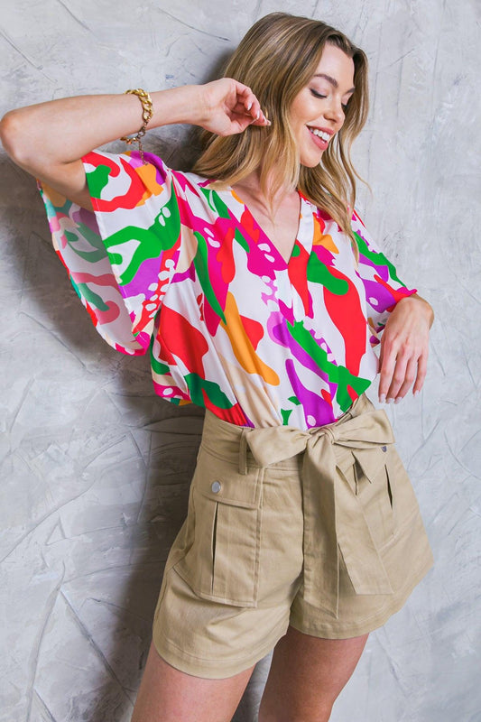 Stylish Summer Woven Top Round Neck With V Front Flutter Sleeves Polyester