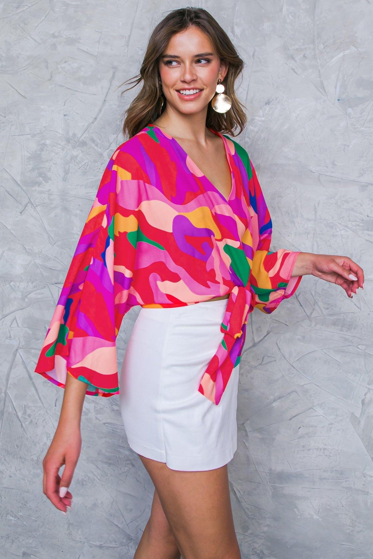 Love You Like Printed Woven Top With V Neck Dolman Sleeves Front Tie Lightweight