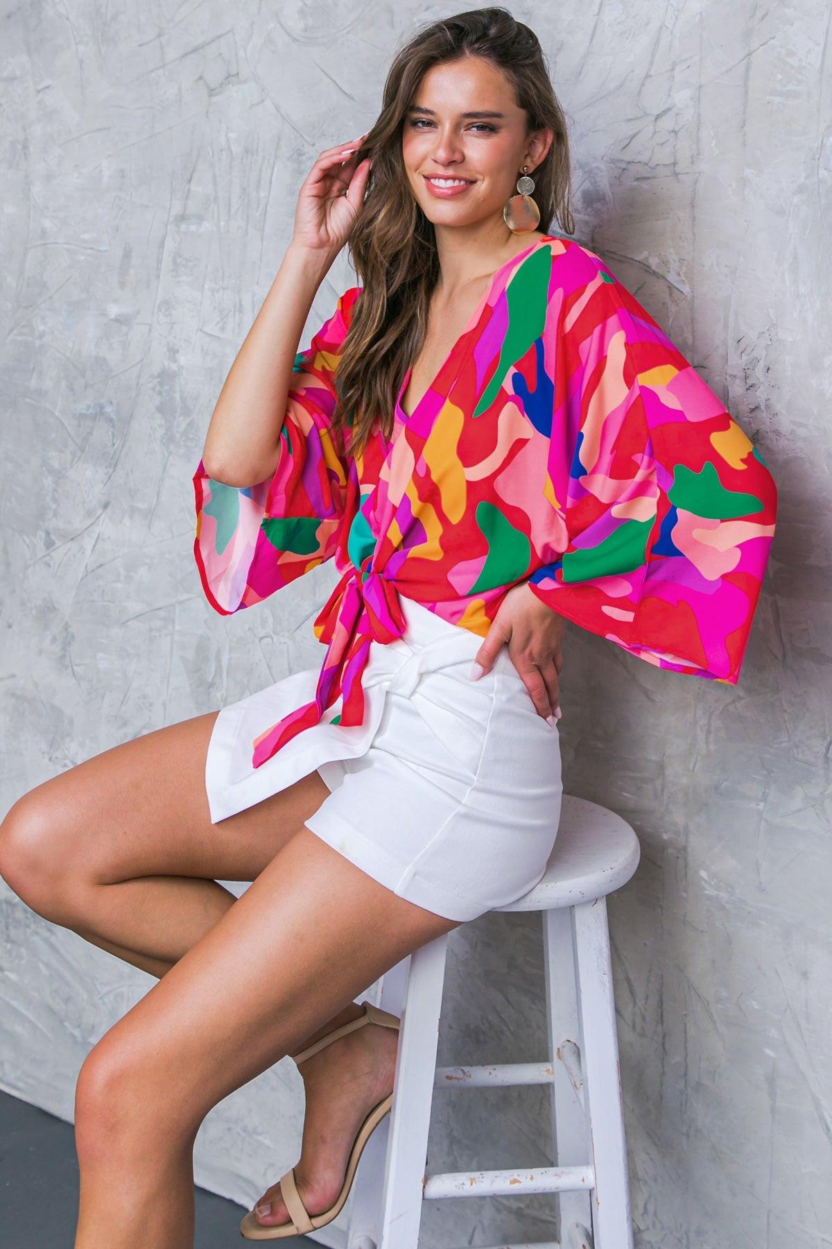 Love You Like Printed Woven Top With V Neck Dolman Sleeves Front Tie Lightweight