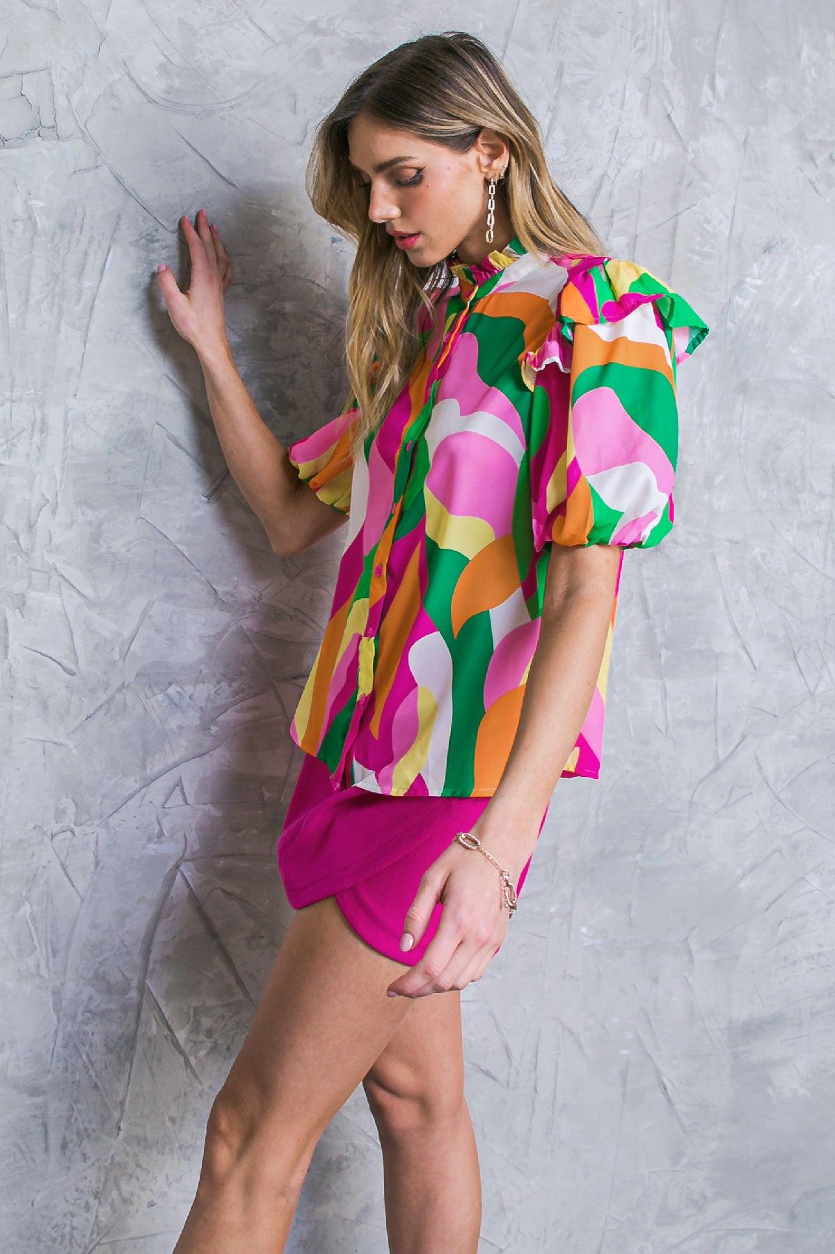 Make Them Proud Woven Top High Neck Ruffle Edge Puff Sleeves