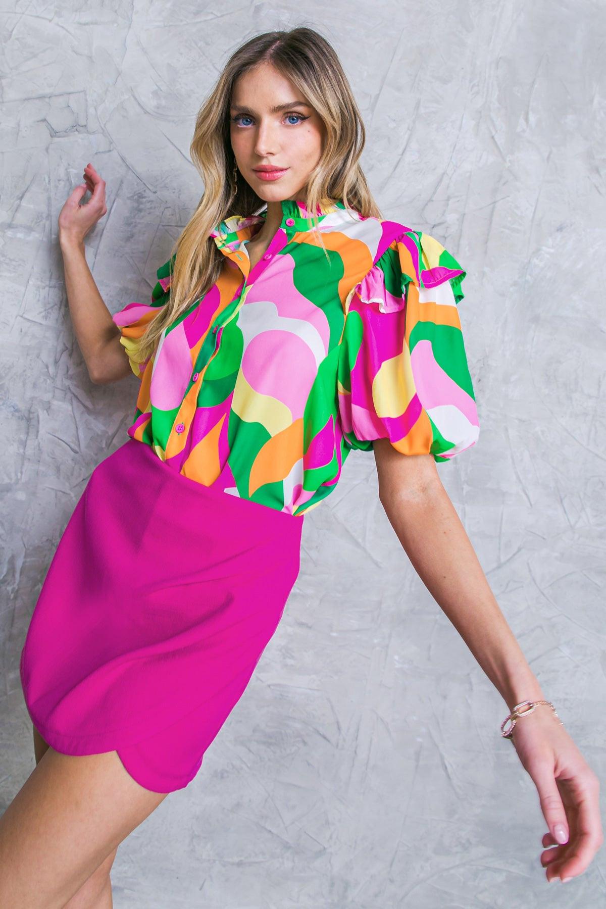 Make Them Proud Woven Top High Neck Ruffle Edge Puff Sleeves