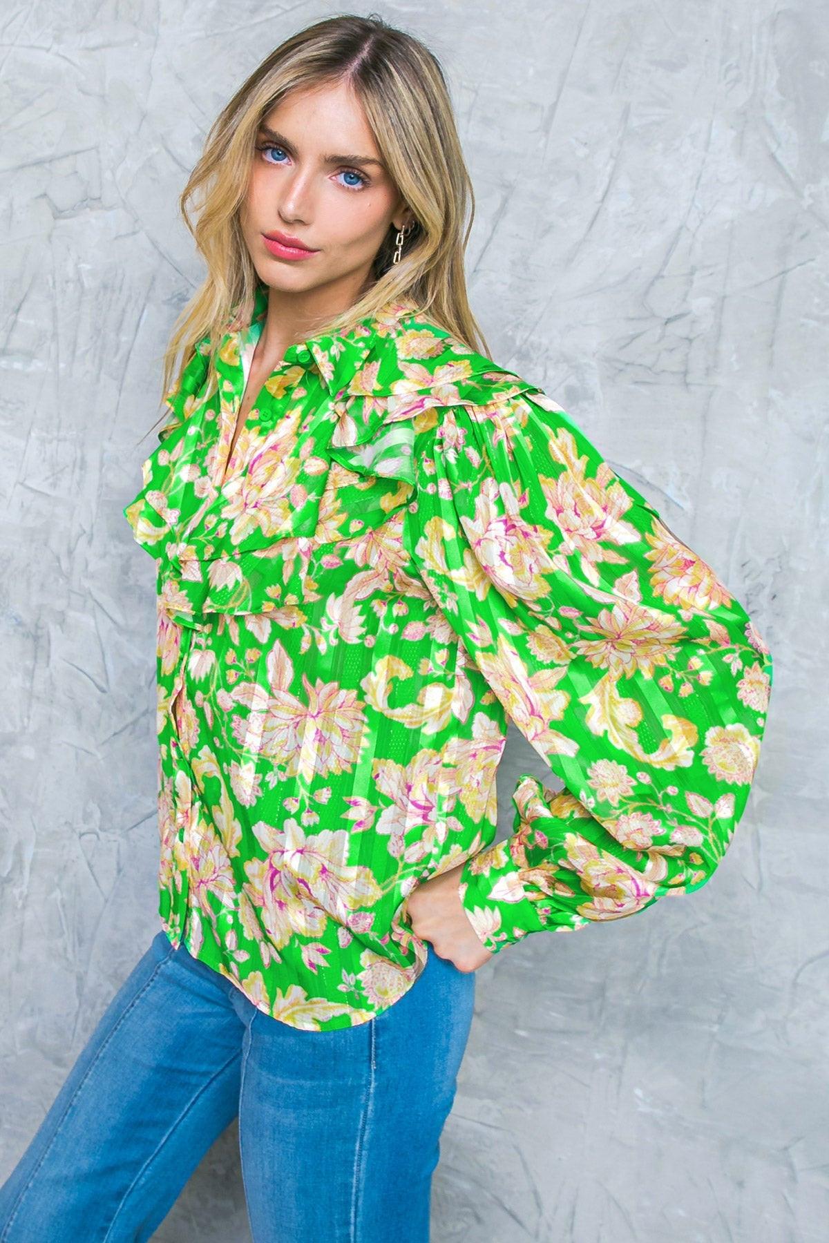 Stuck On An Island Printed Woven Top With Ruffles And Shirt Collar