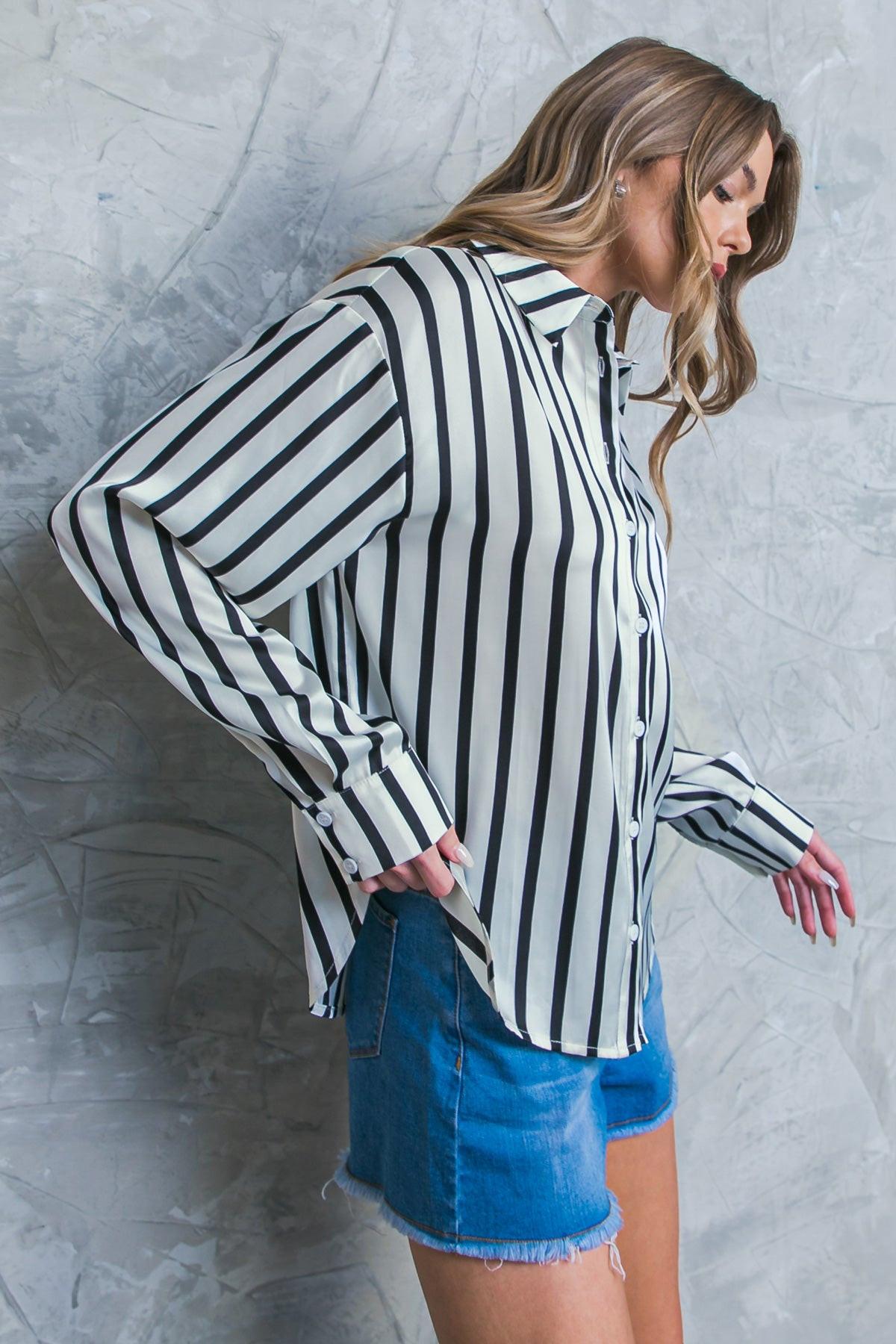 Nothing to Regret Satin Woven Top Shirt Collar Button Down Long Sleeves