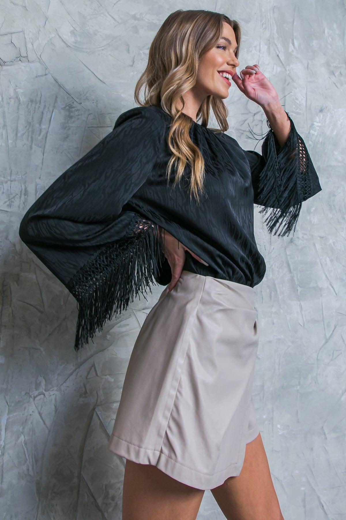 Love Every Day Woven Bodysuit With Fringe Bell Sleeves And Mesh Snap Bottom