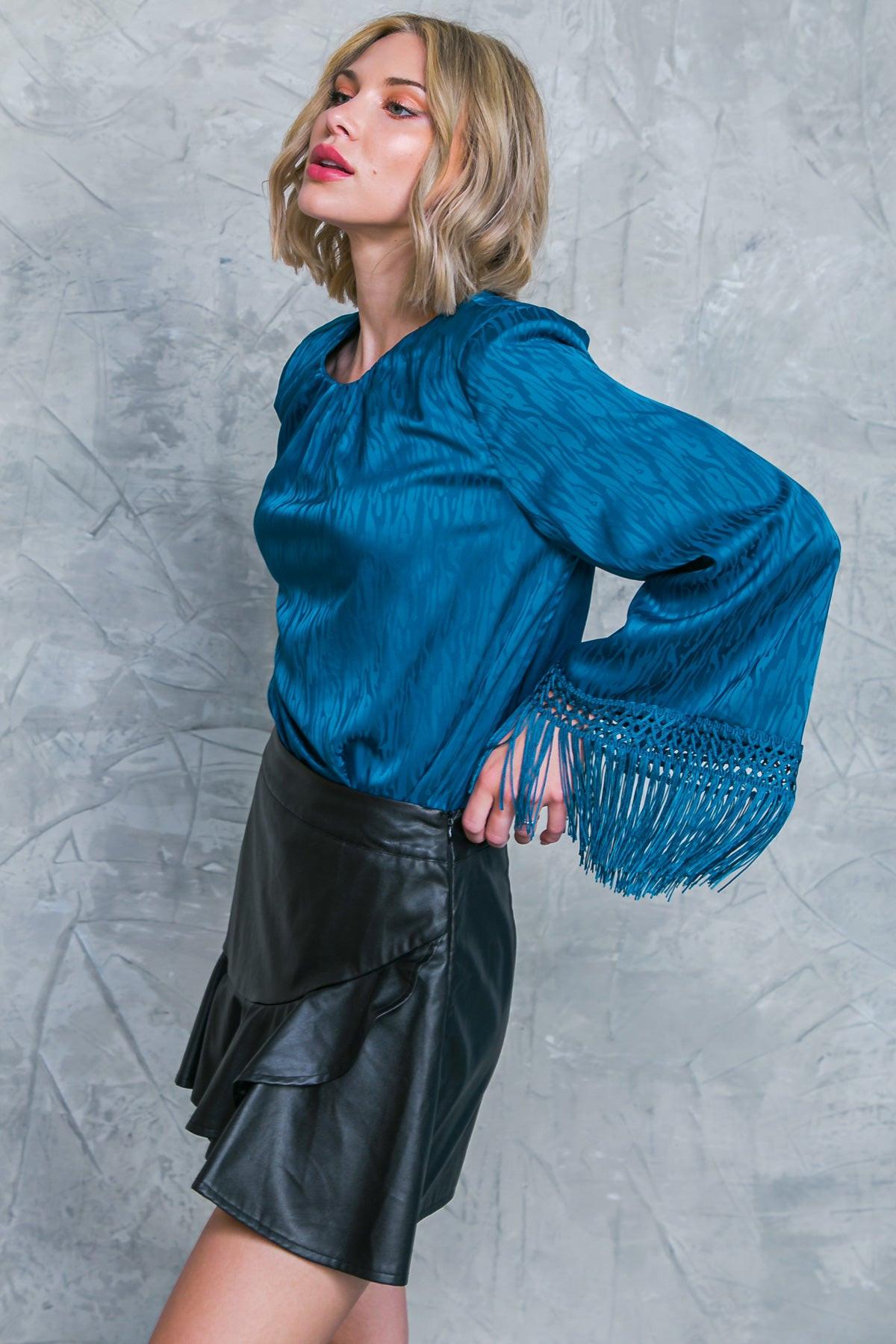 Love Every Day Woven Bodysuit With Fringe Bell Sleeves And Mesh Snap Bottom