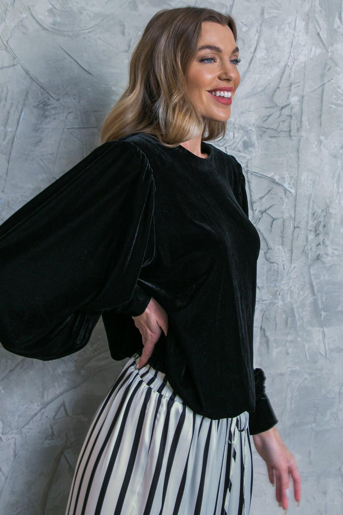 It's Your Time Velvet Top Long Sleeve Round Neck Elastic Waist