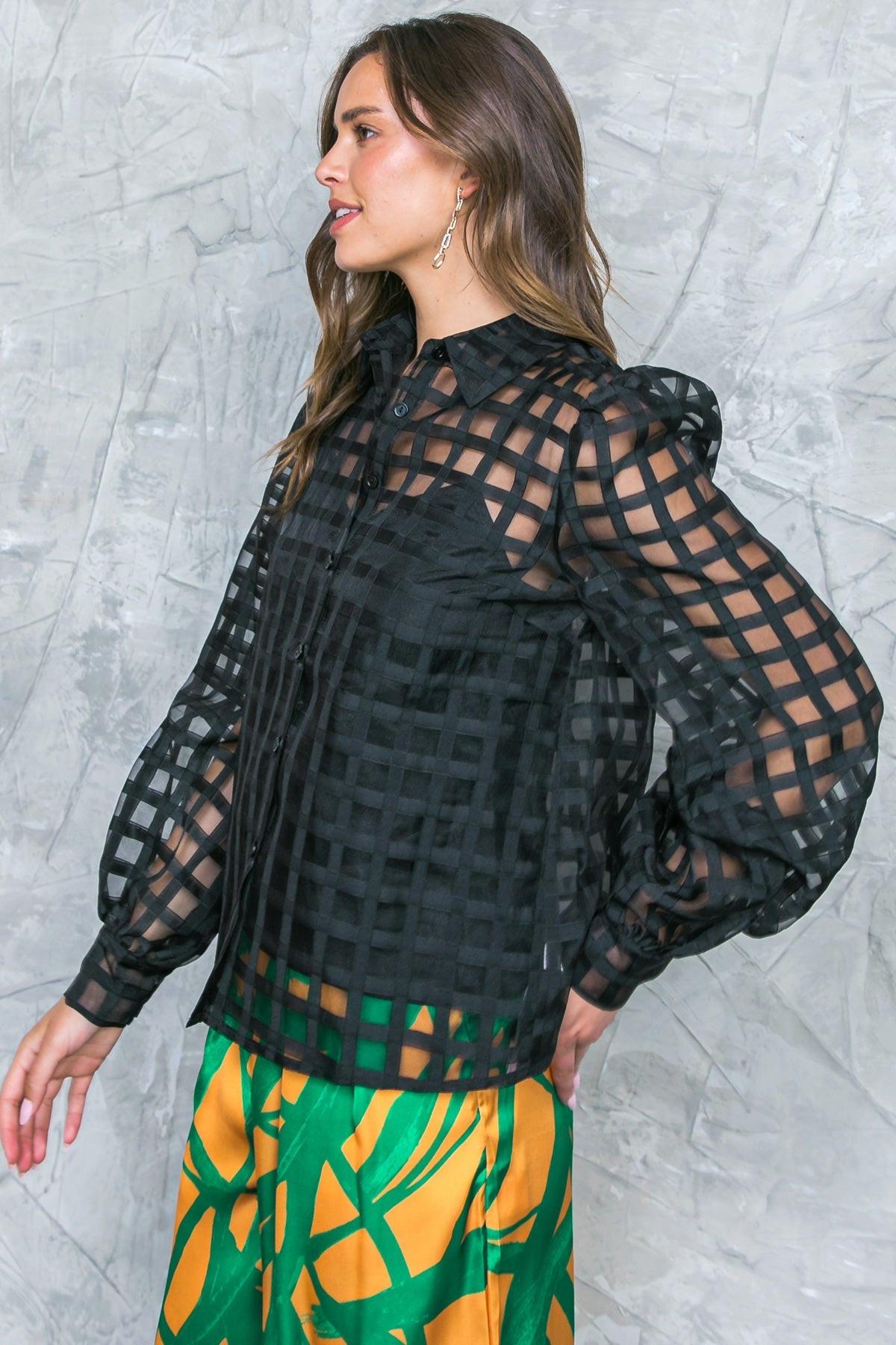 Fluttering Woven Top With Jacquard Shirt Collar Long Sleeves And Cami Inside