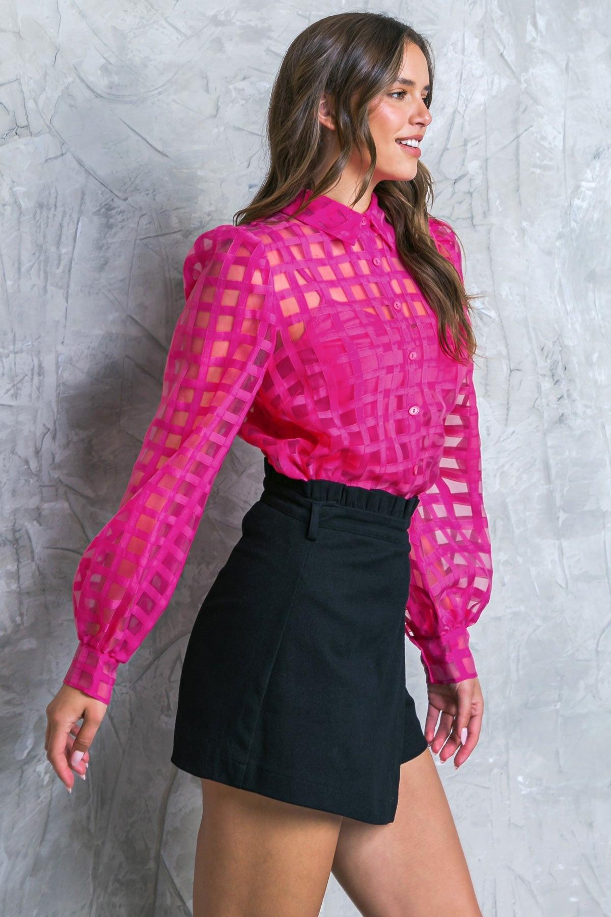 Fluttering Woven Top With Jacquard Shirt Collar Long Sleeves And Cami Inside