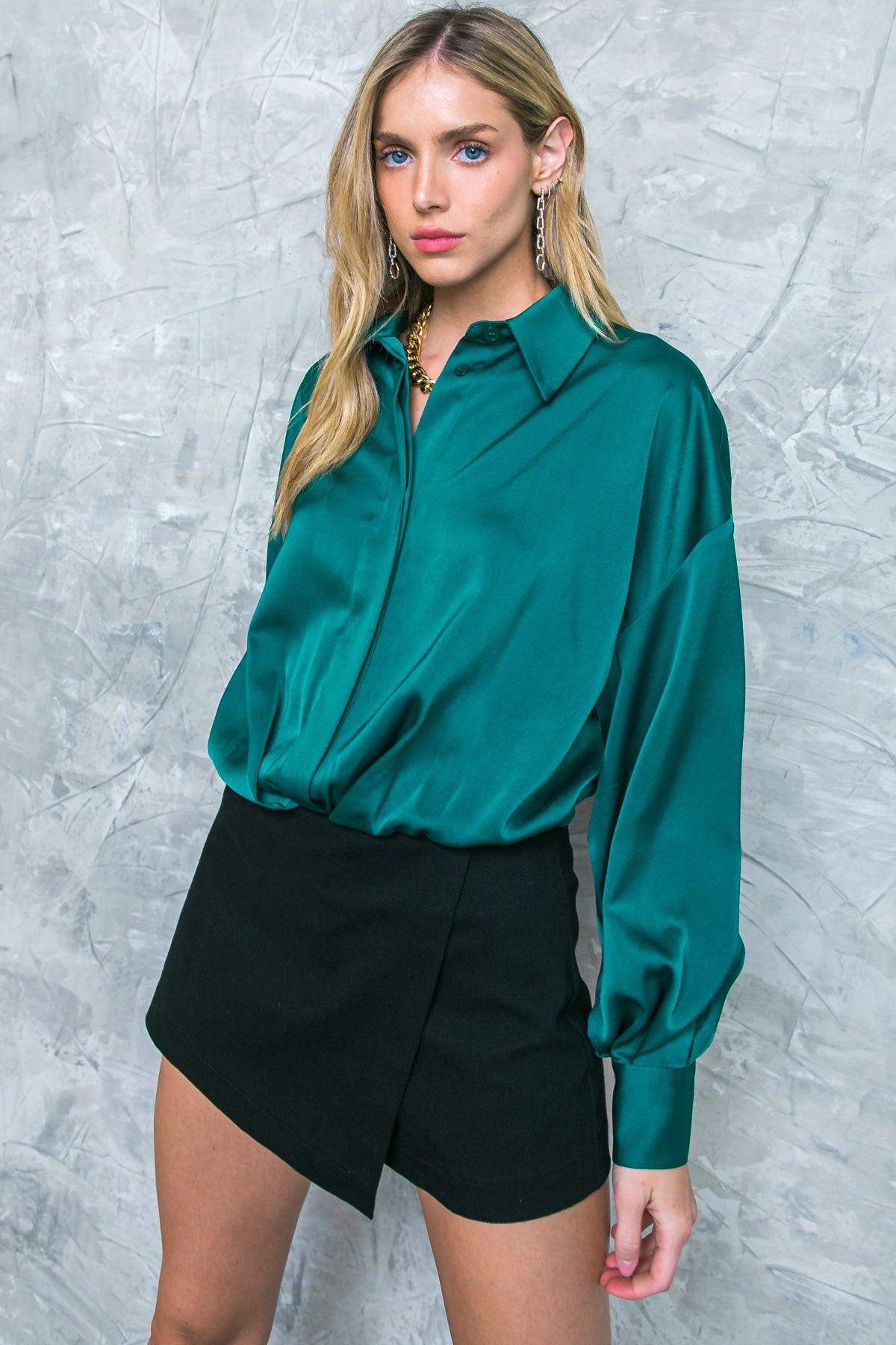 Graceful Movements Woven Top With Hidden Button Down Shirt Collar Long Sleeves
