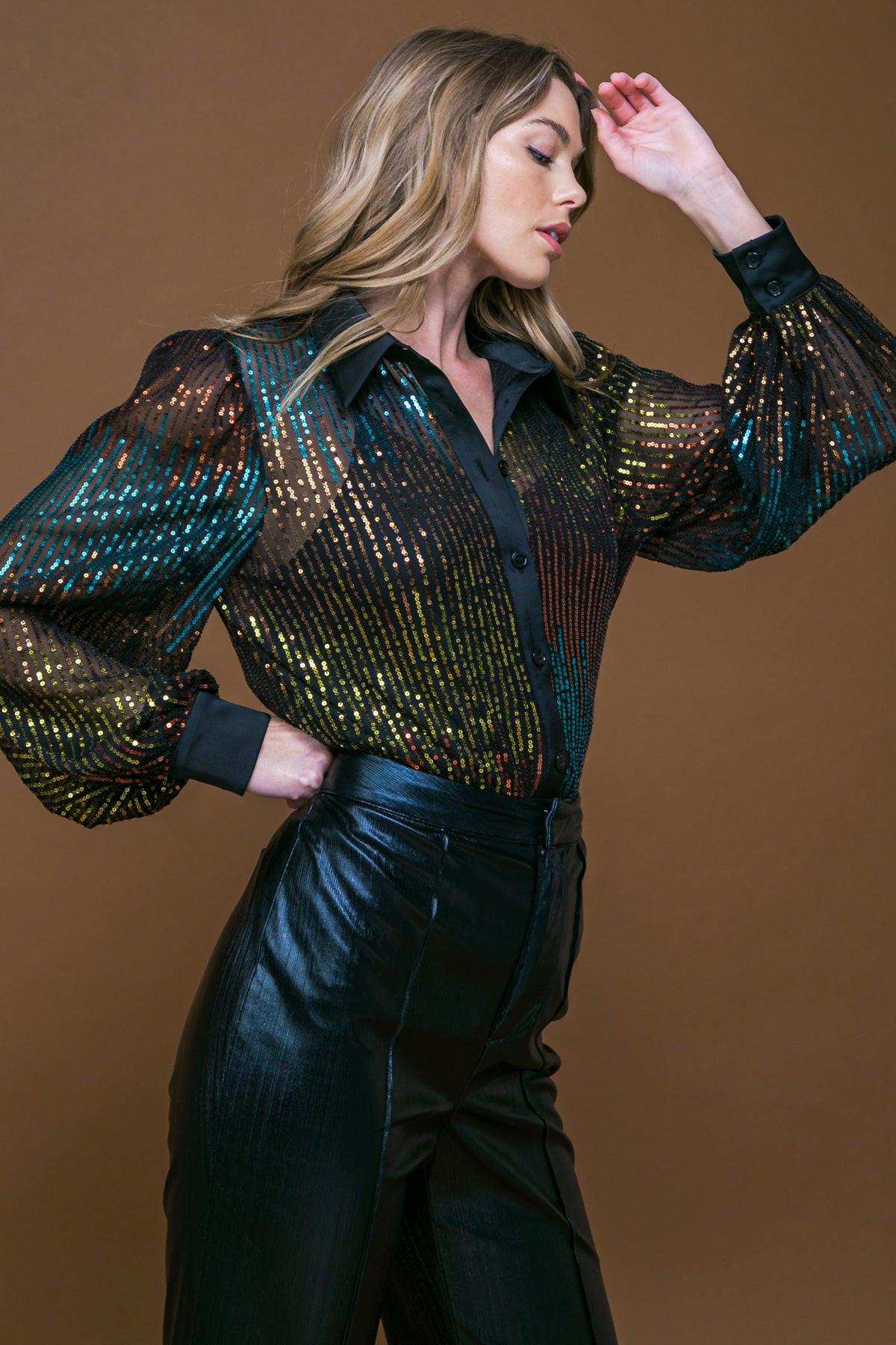 Cause a Commotion Sequin Blouse with Shirt Collar and Button Front