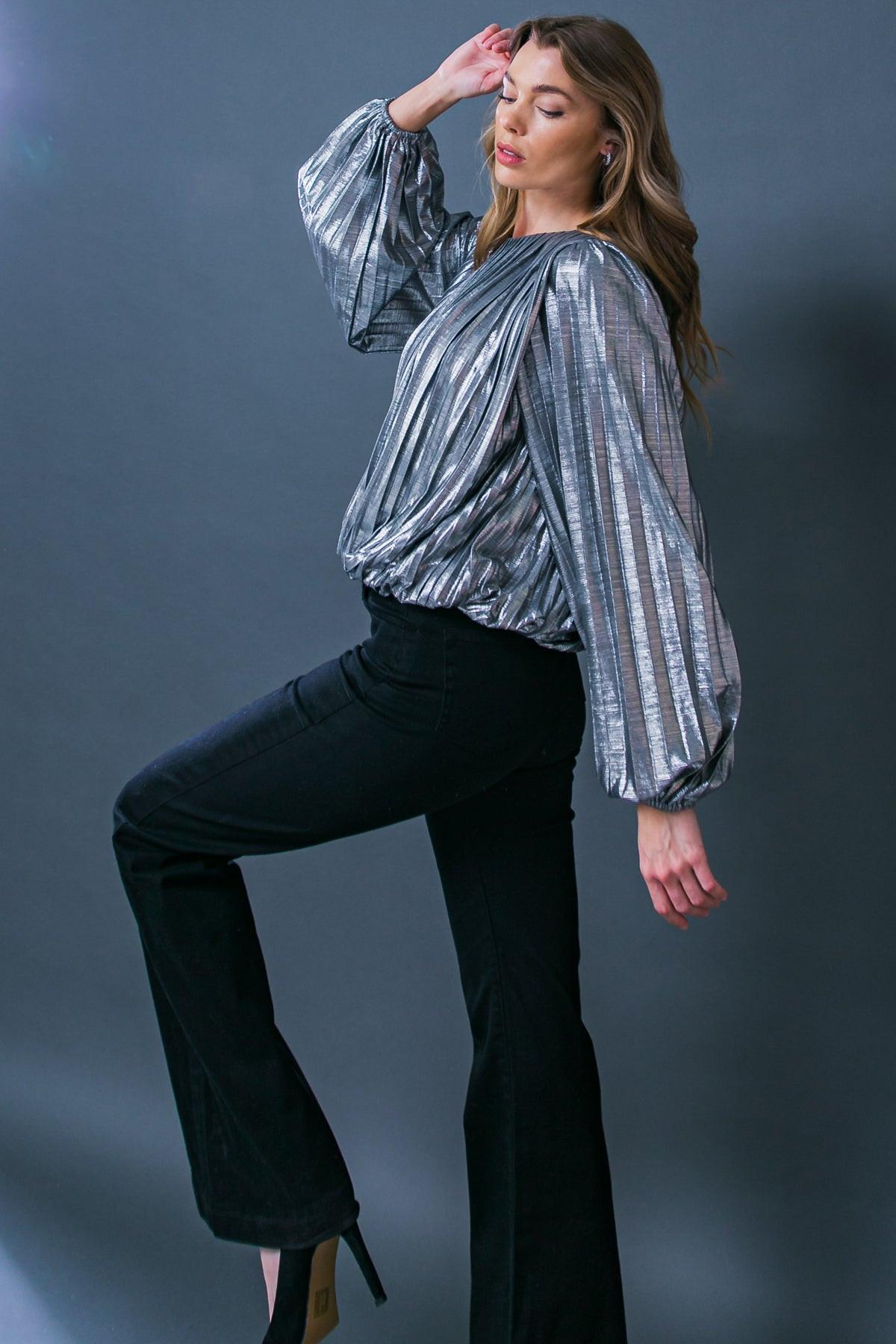 Key It Down Fully Pleated Woven Foiled Top With Round Neckline And Elastic Waist