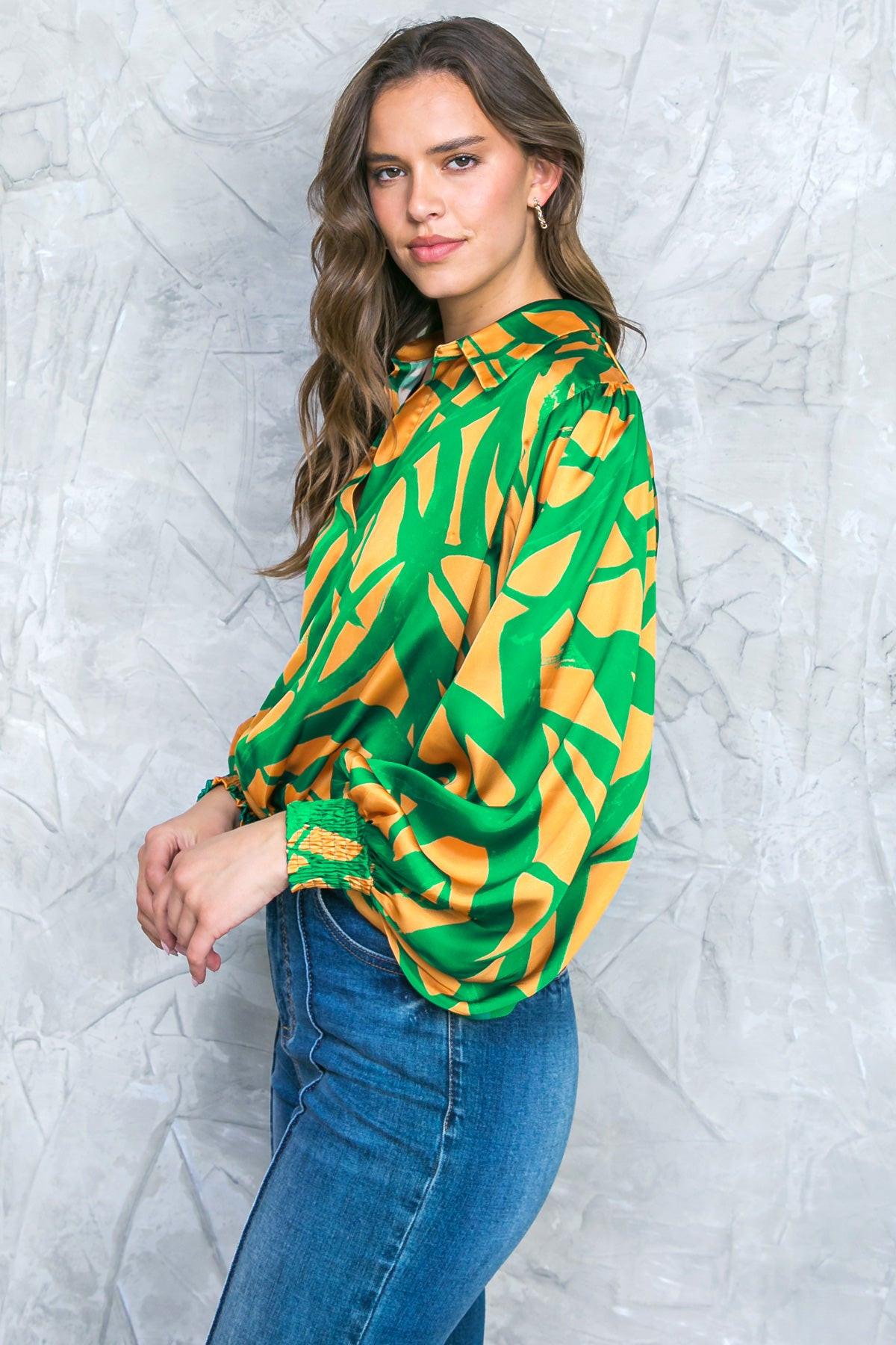 Always About You Woven Top With Shirt Collar V Neck Smocked Cuffs Elastic Waist