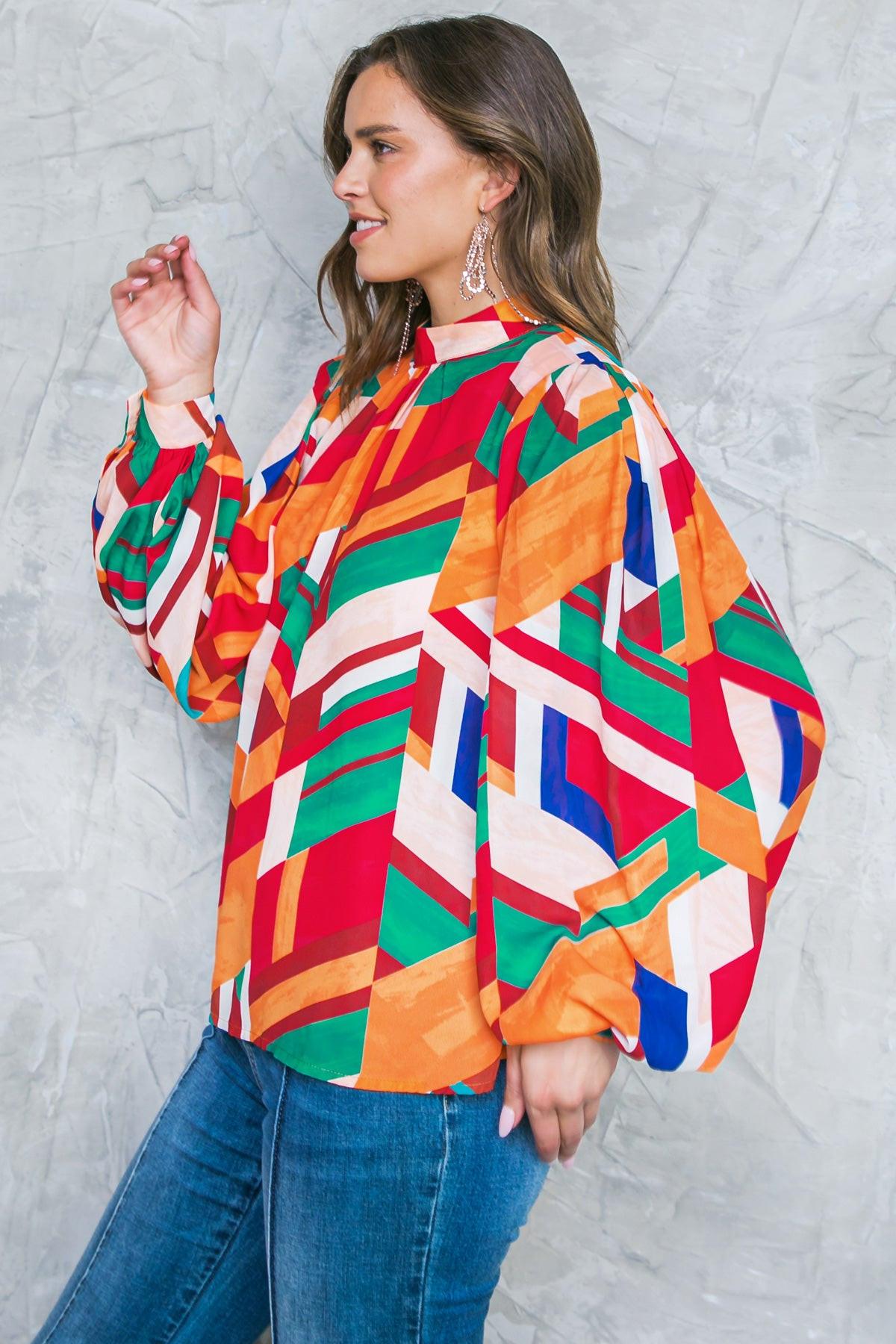 Light Up My Life Woven Top With Mock Neck And Exaggerated Wide Sleeves