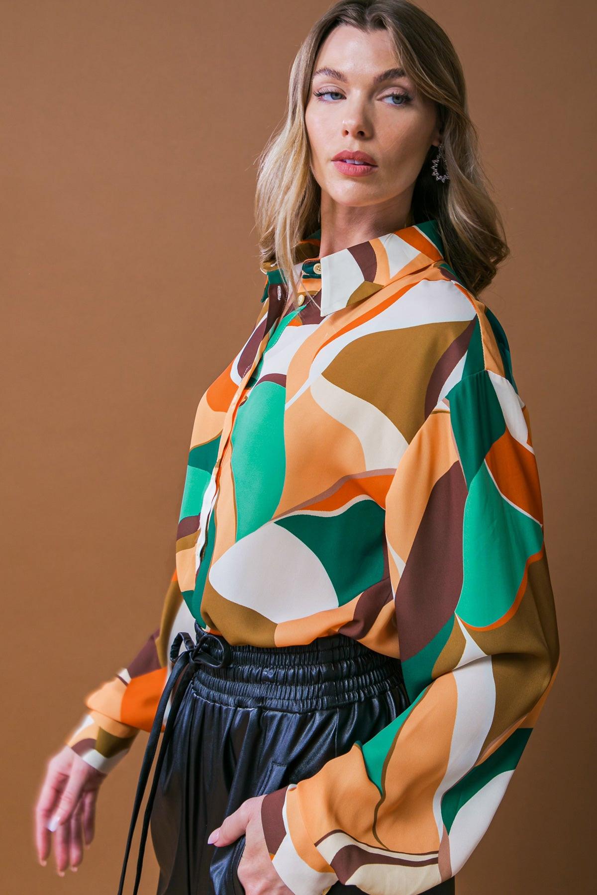 Lovingly Yours Woven Top With Shirt Collar Button Down Long Sleeve Polyester