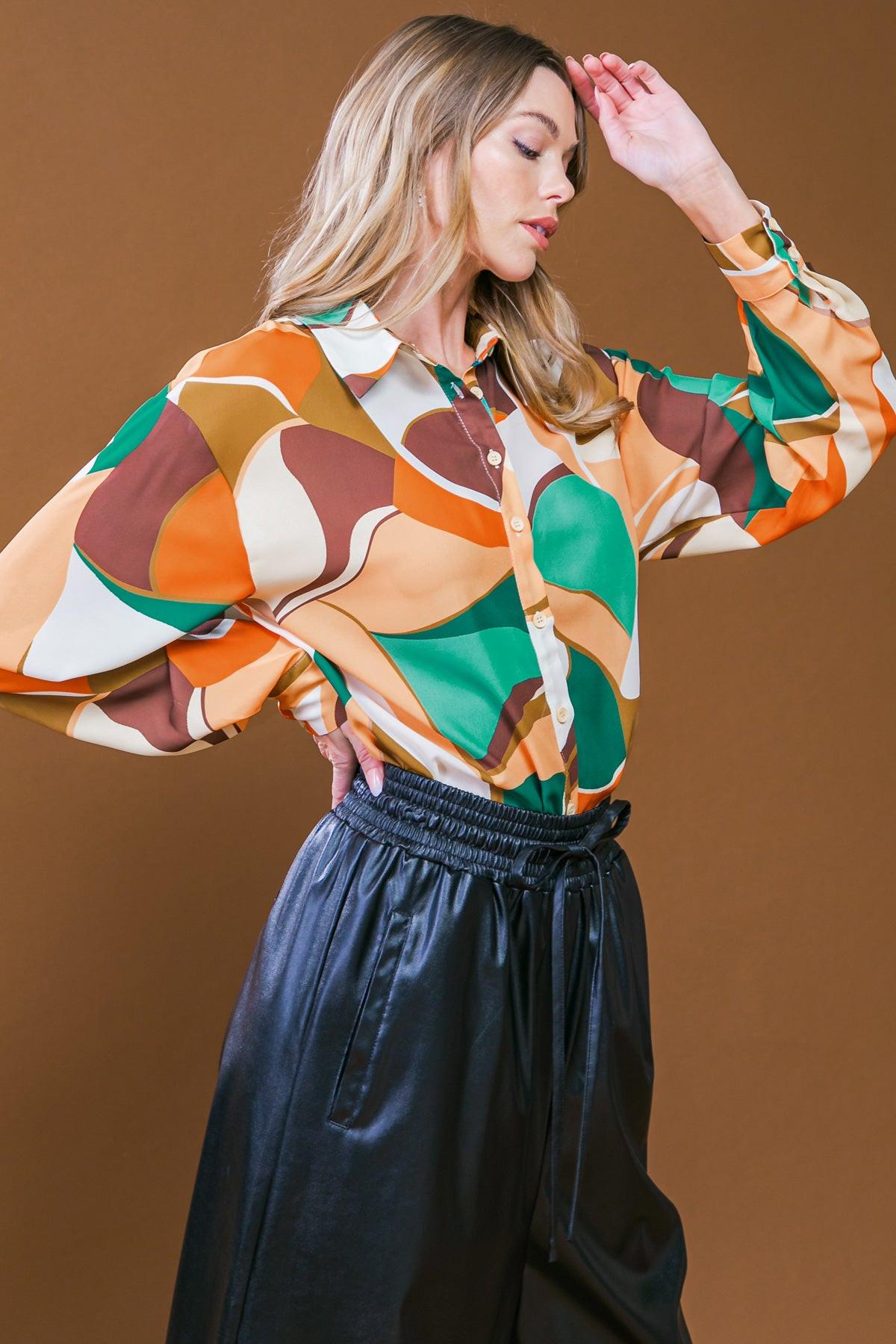 Lovingly Yours Woven Top With Shirt Collar Button Down Long Sleeve Polyester