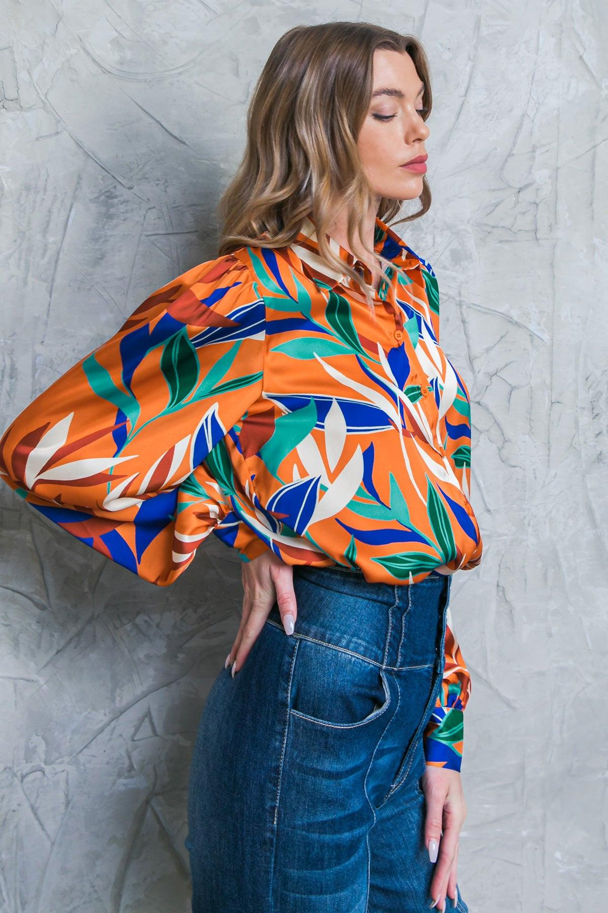 Feels Like Fall Woven Top Printed Button Down Collar Long Sleeves