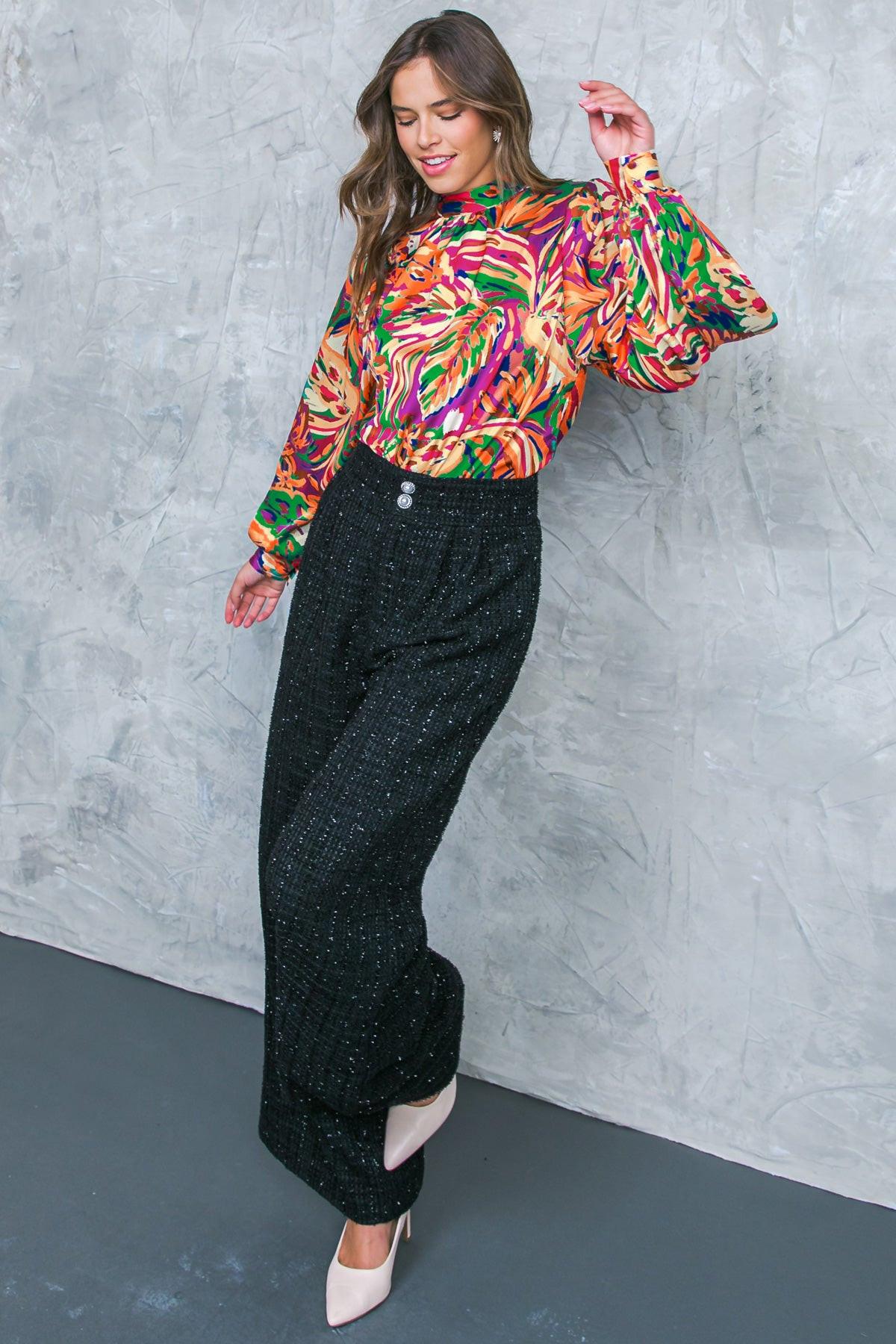 Adoring Devotion Woven Top With High Neck Long Sleeves And Tie Back Print