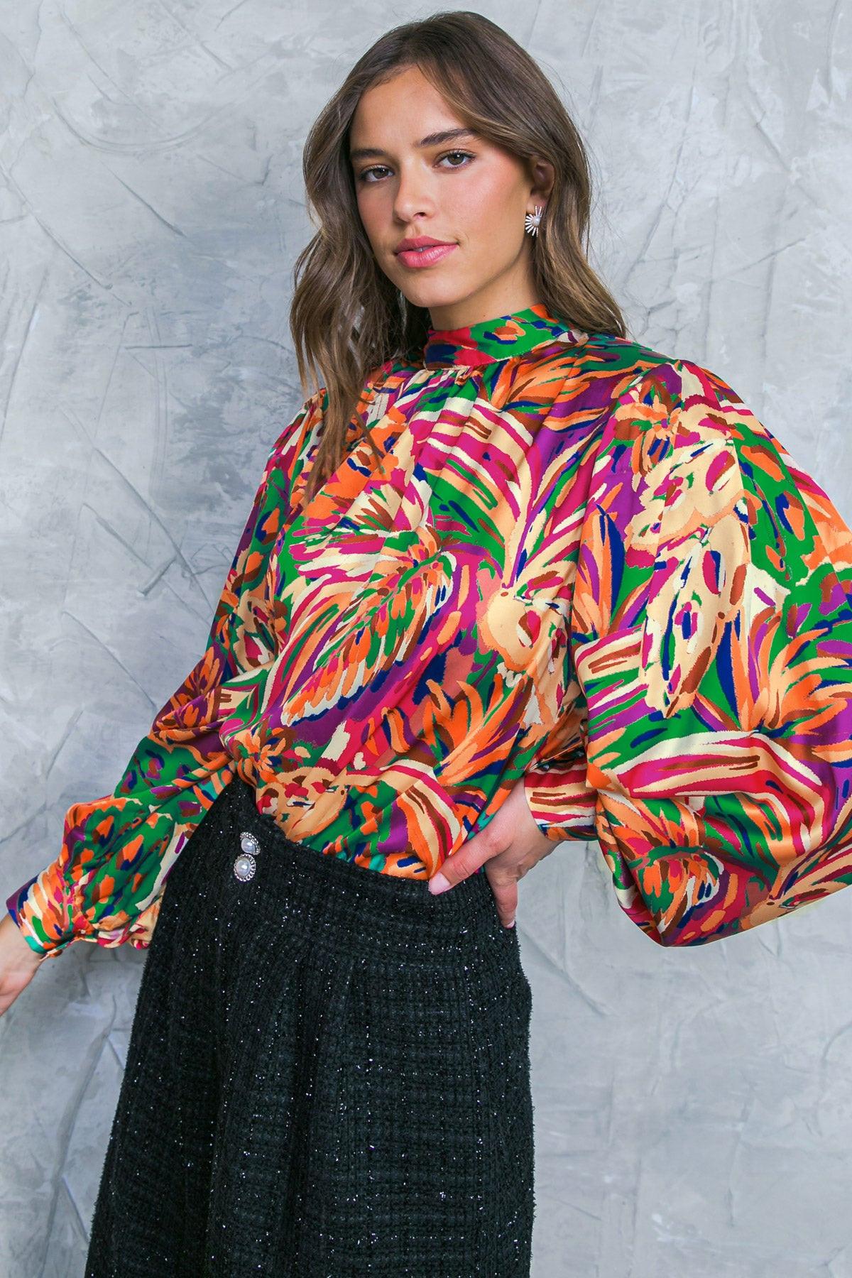 Adoring Devotion Woven Top With High Neck Long Sleeves And Tie Back Print