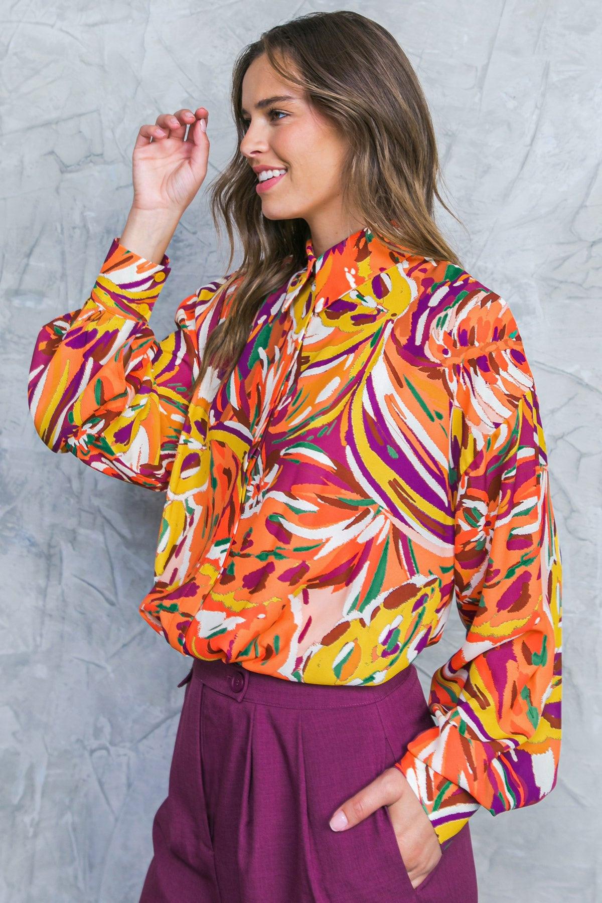 Famous Behavior Printed Woven Top With Shirt Collar And Long Sleeves