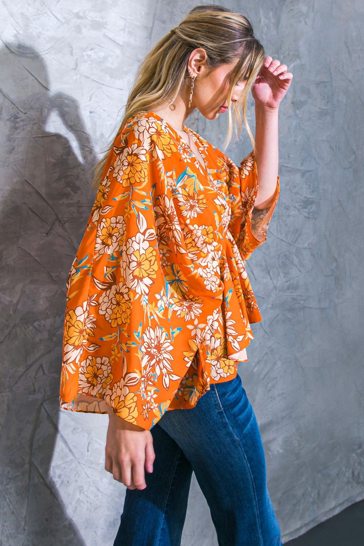 Find You Well Woven Top With V Neck Kimono Sleeves Peplum Silhouette