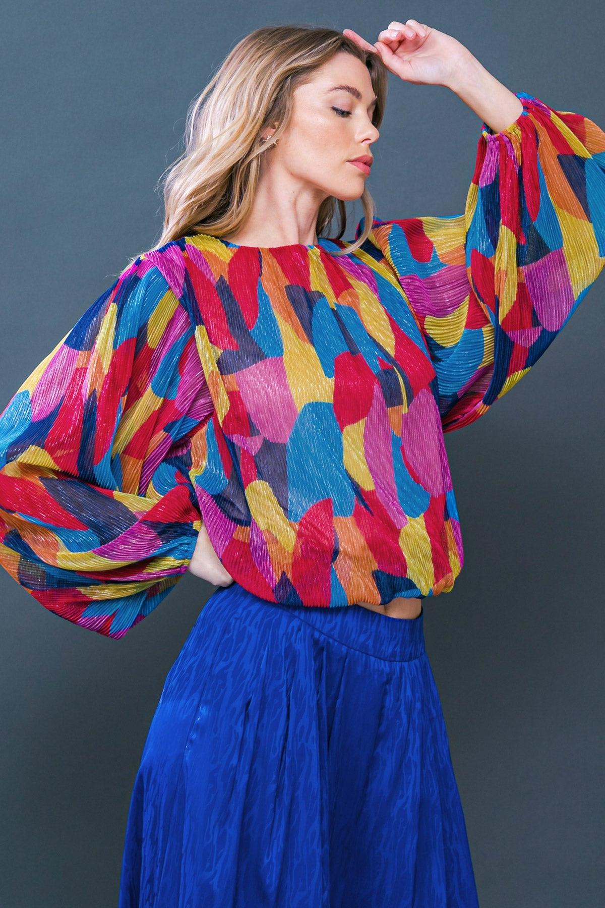Feeling Delightful Printed Crinkled Woven Top With Round Neck And Long Sleeves