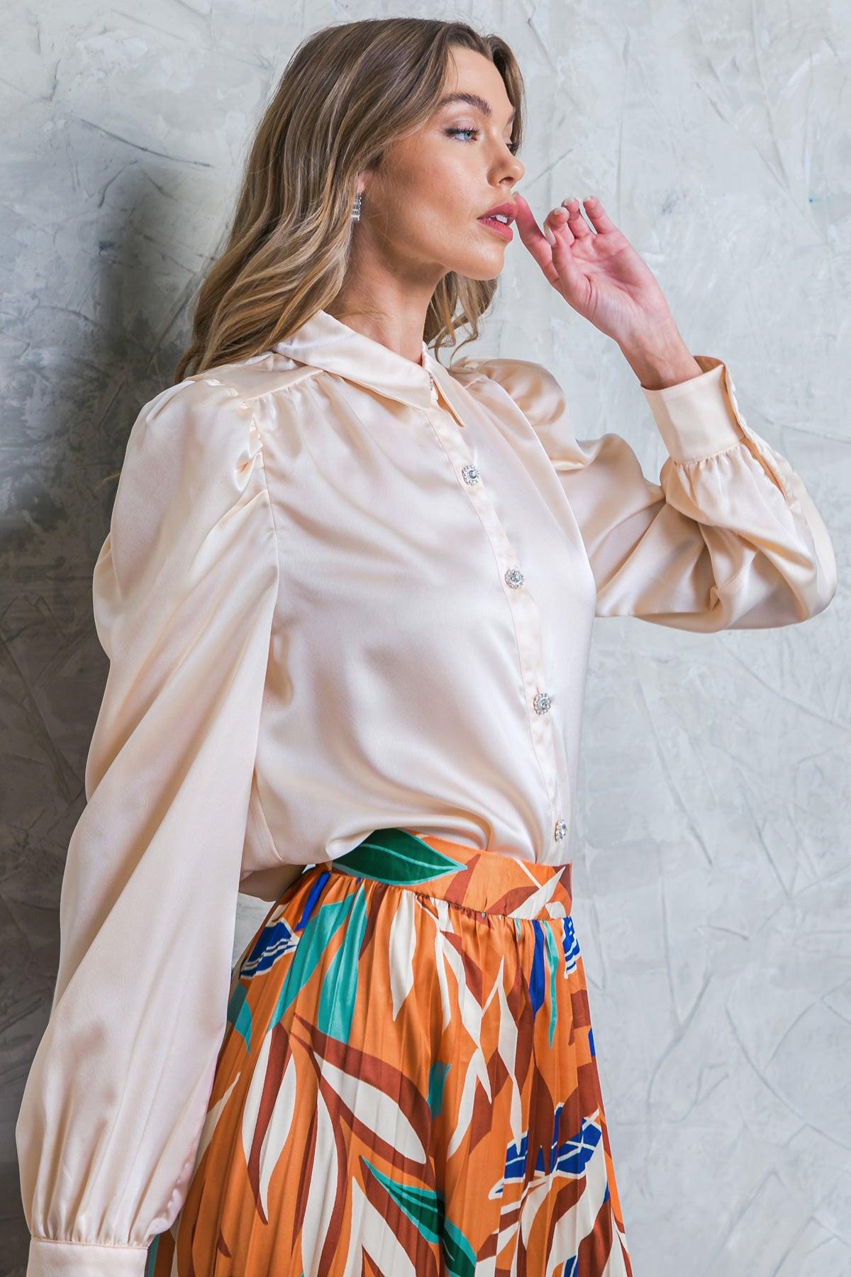 All Mine Rusty Woven Top With Shirt Collar And Rhinestone Button Closure