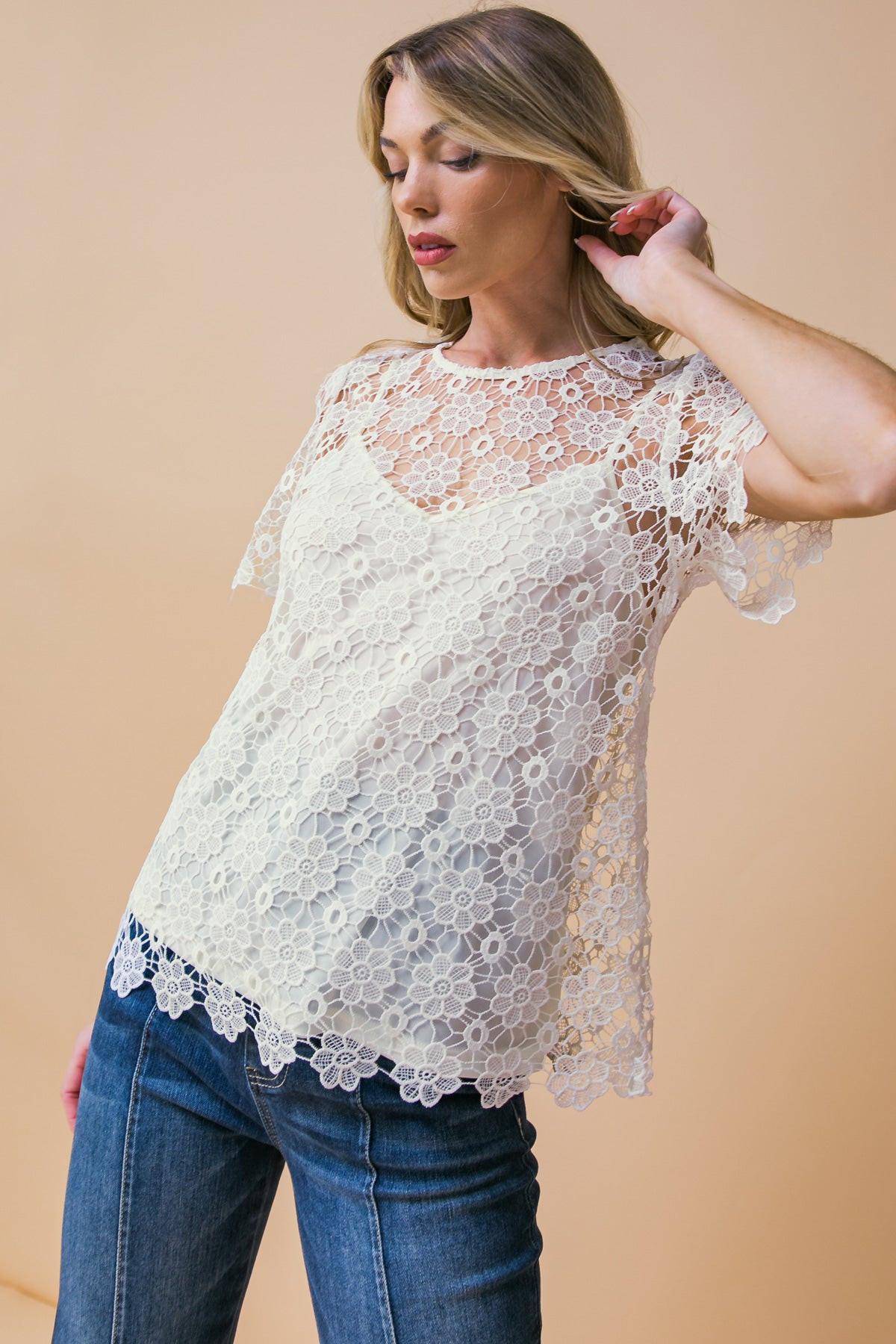 Melt My Heart Lace Top Round Neck Short Sleeves Back Neck Button Closure