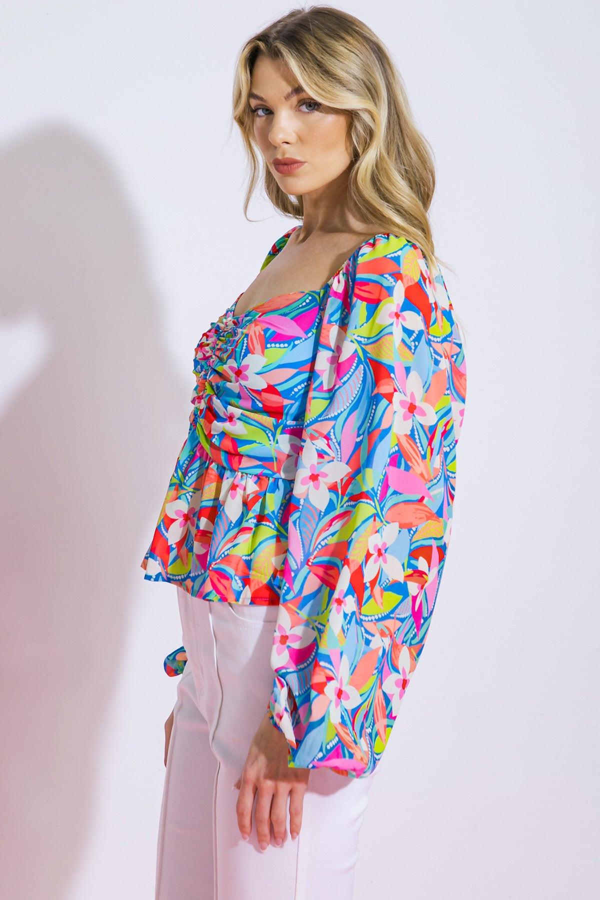 I Never Knew Printed Woven Top With Sweetheart Neckline Peasant Sleeves Peplum