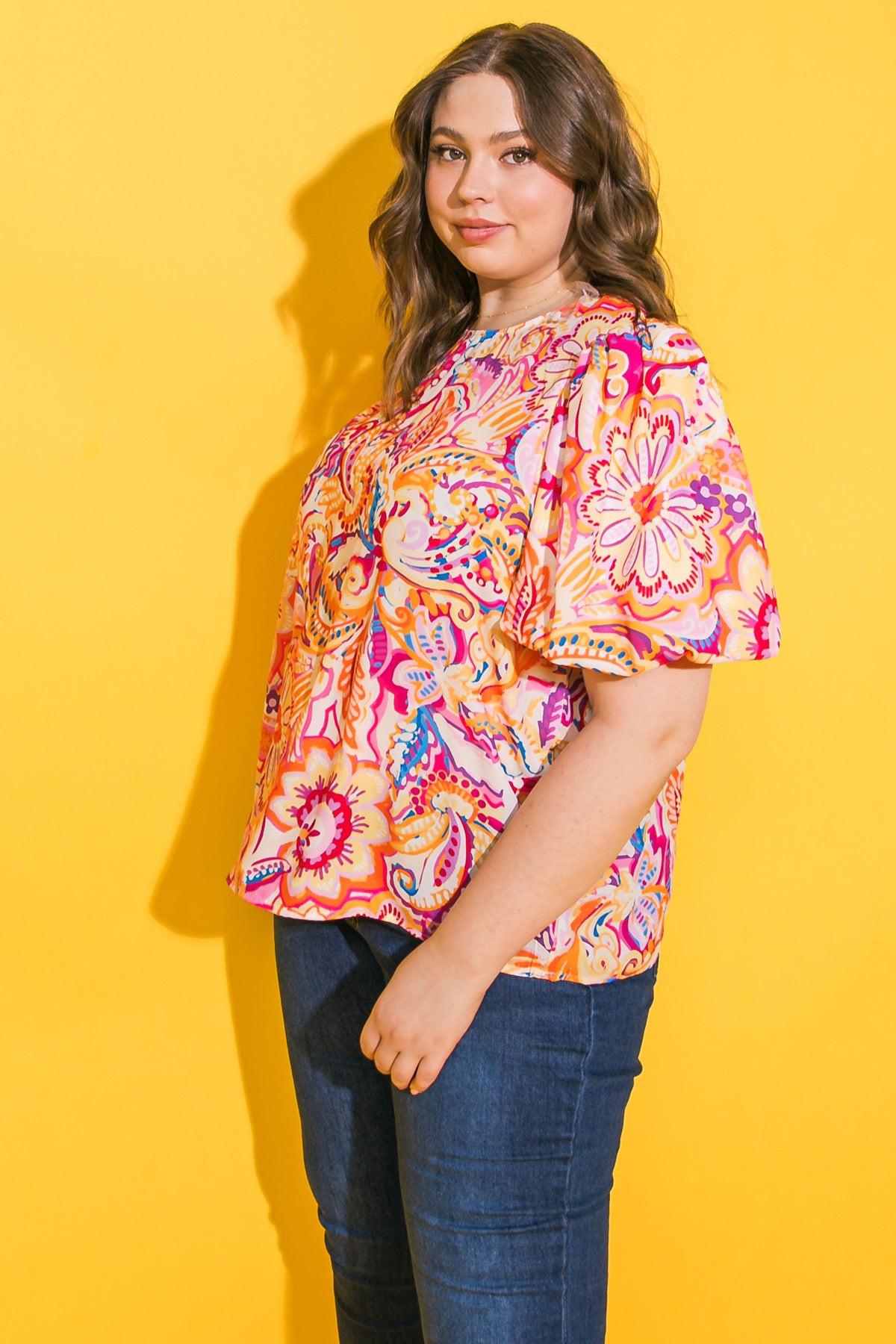 Ready To Run Printed Woven Top With Round Neckline And Puff Sleeves