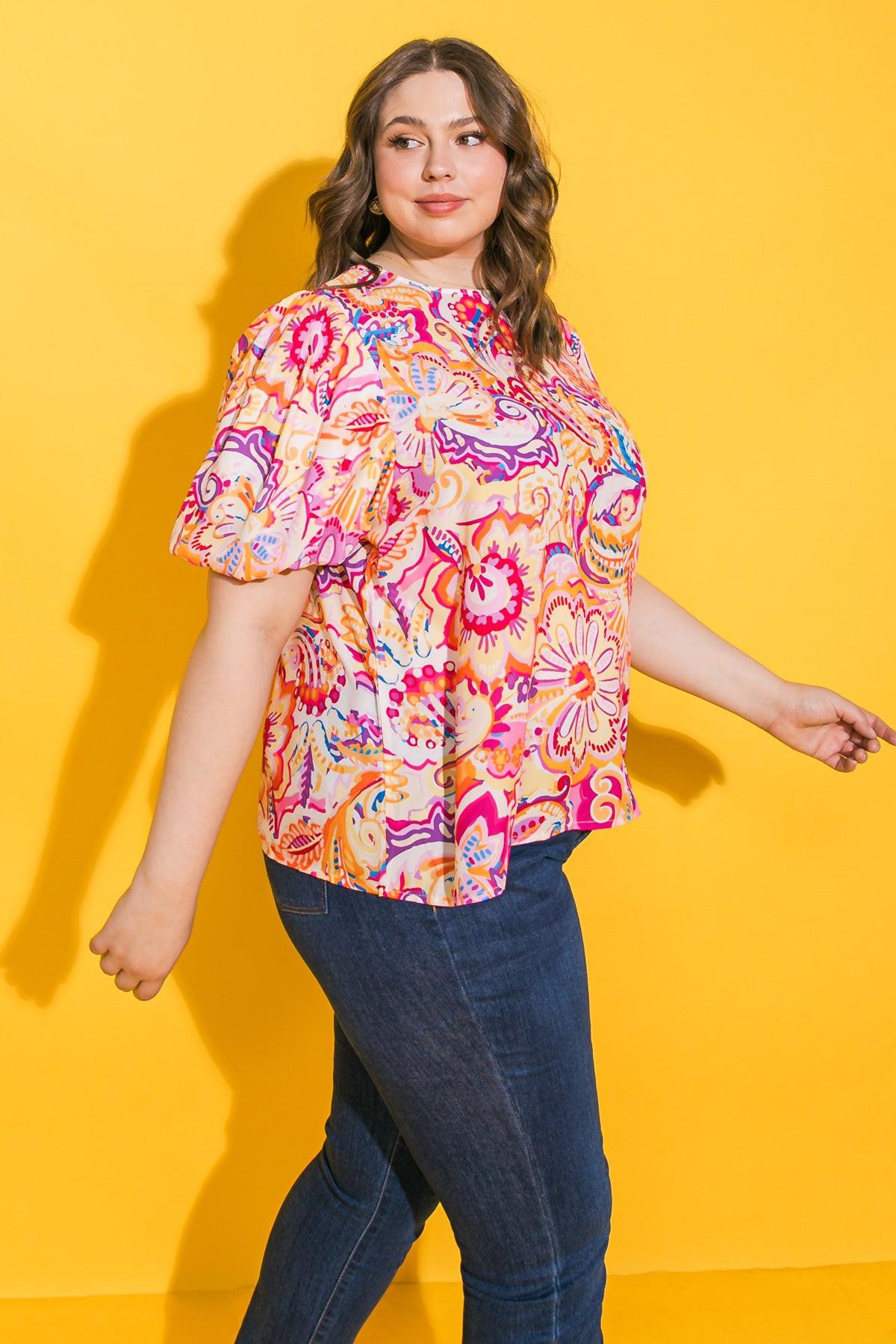 Ready To Run Printed Woven Top With Round Neckline And Puff Sleeves