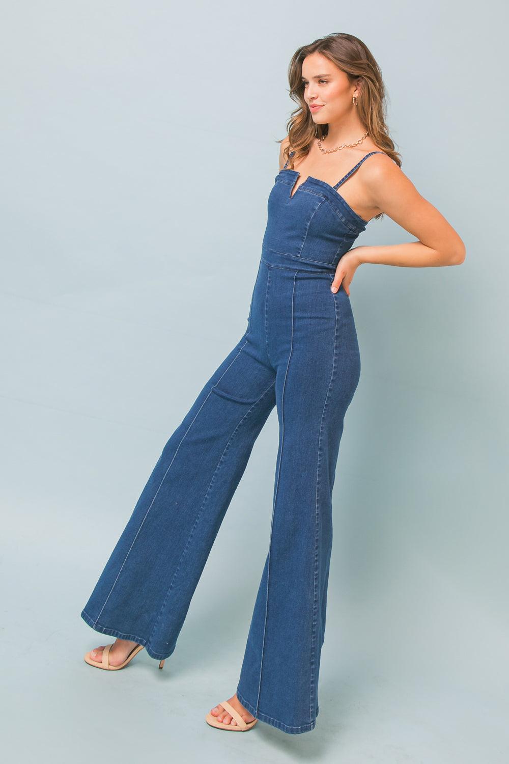 Making Magic Denim Jumpsuit With Flare Legs And V Neck Back Zipper