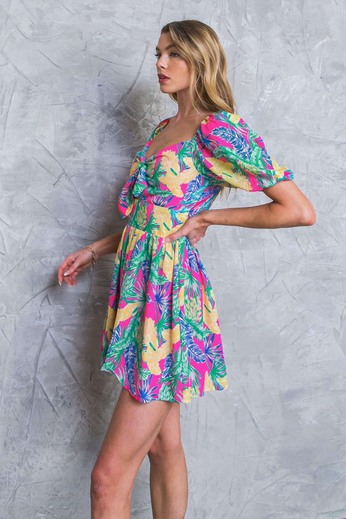 St James City Woven Romper With Sweetheart Neckline Front Tie Puff Sleeves