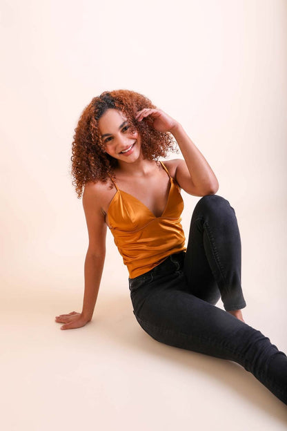 Leto Collection Boho Satin Crop Top in golden color, paired with black jeans for a stylish look