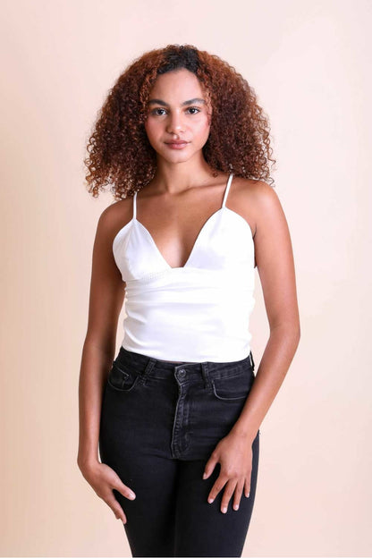 Leto Collection boho satin crop top in white with adjustable straps and a flattering neckline