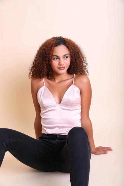 Leto Collection Boho Satin Crop Top in Blush with Adjustable Straps for Stylish Outfits