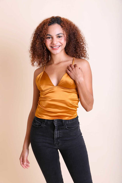 Leto Collection Boho Satin Crop Top in gold with a stylish deep V neckline, perfect for summer outings