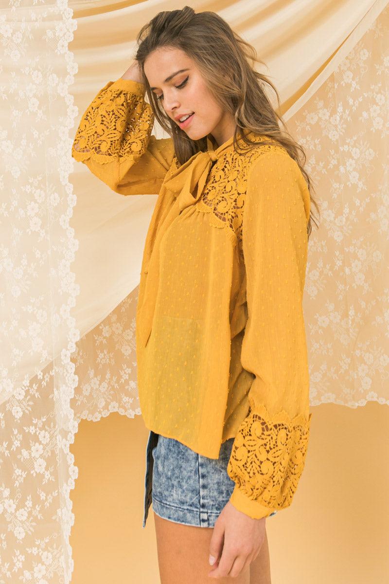 Semi Sheer Peasant Top Swiss Dot Lace Applique Yoke Tie Neck Collar Relaxed Fit