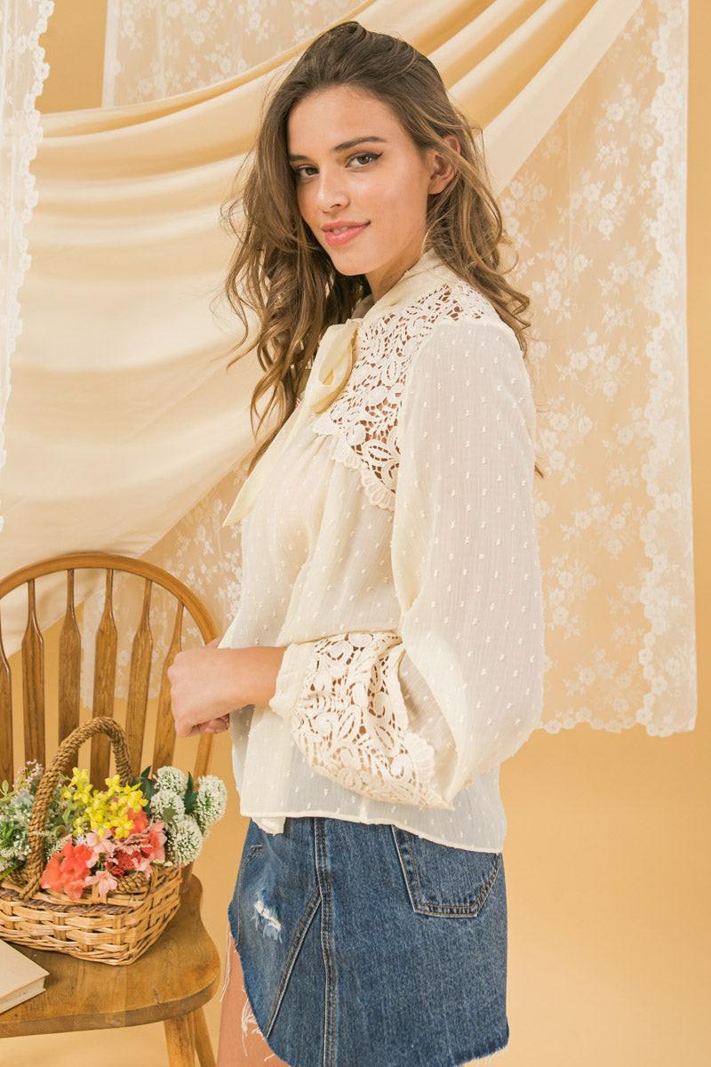 Semi Sheer Peasant Top Swiss Dot Lace Applique Yoke Tie Neck Collar Relaxed Fit