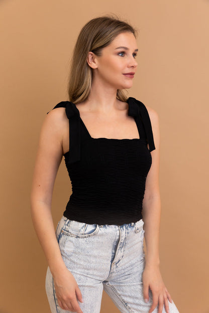 Leto Collection seamless smocked tie shoulder top in black with stylish shoulder ties for a chic look