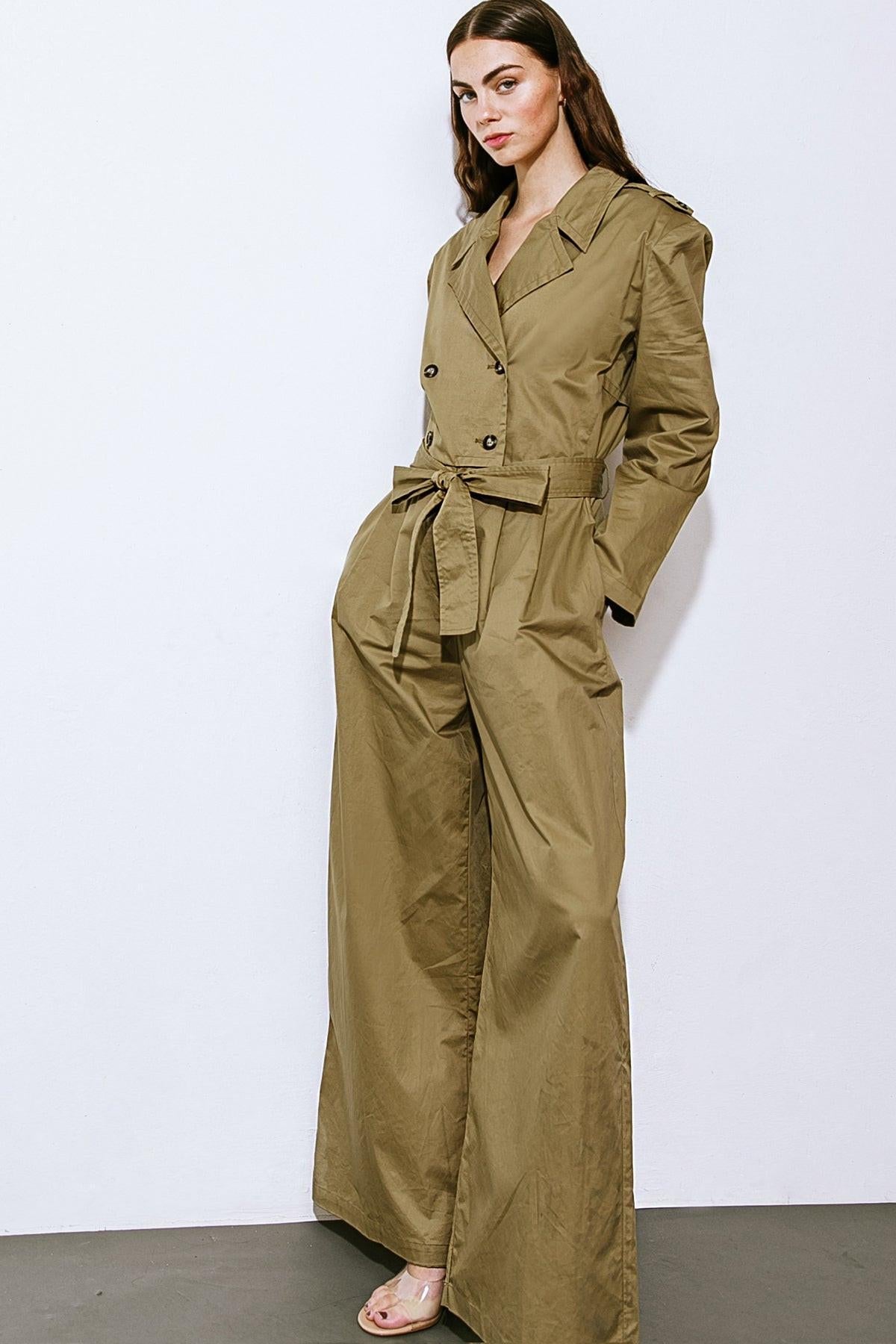 Sounds In My Mind Woven Jumpsuit With Trench Coat Top Long Sleeve Wide Leg